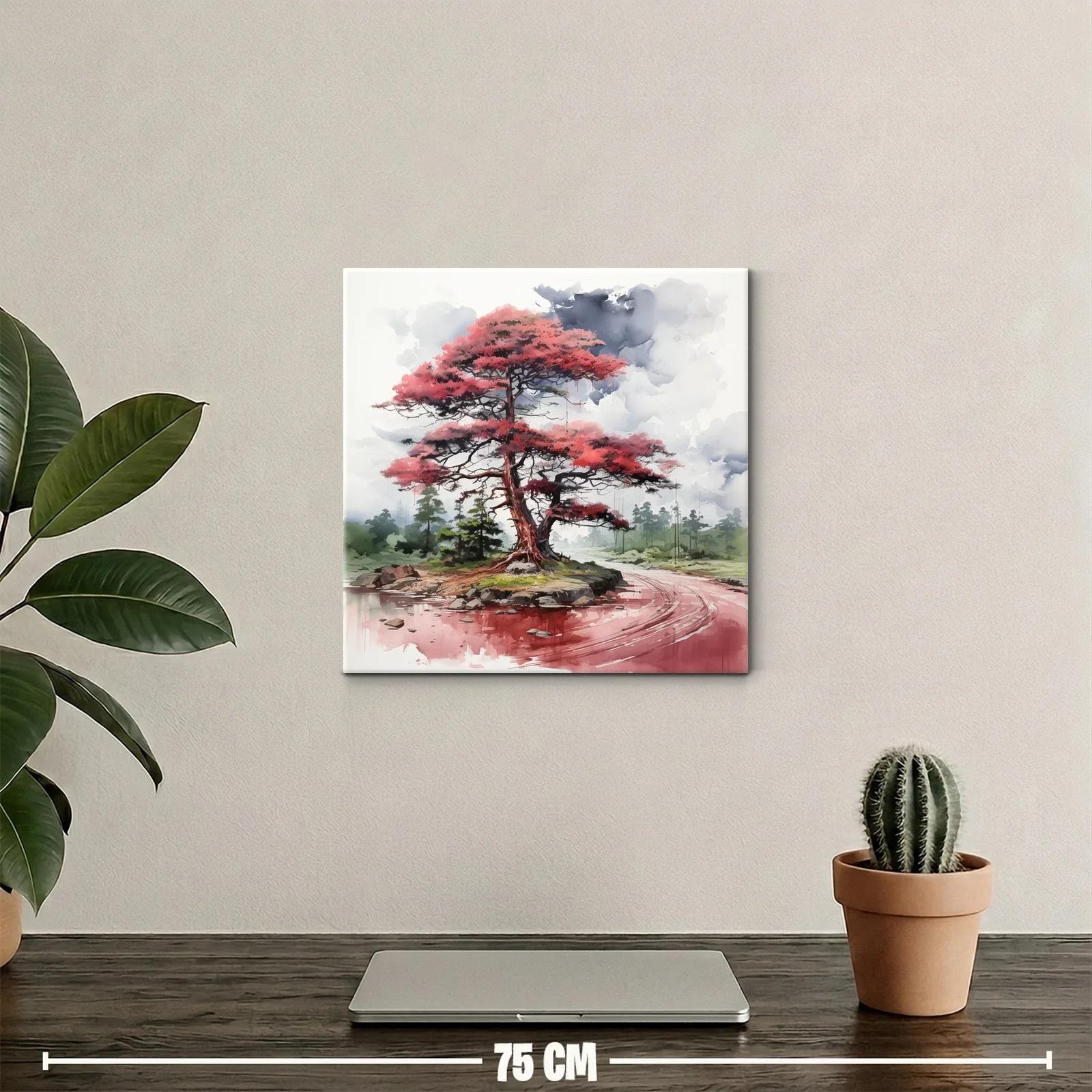 Árbol rojo junto al río en paisaje tranquilo y etéreo — miniatura 2