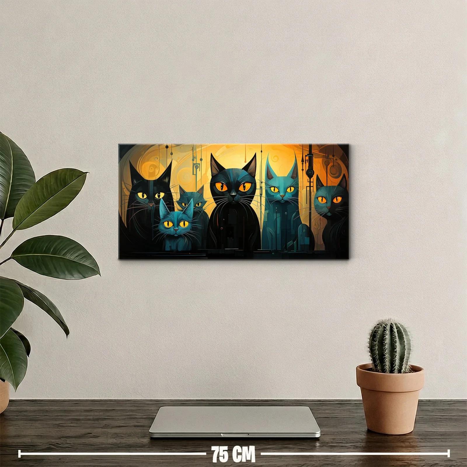 Cuadro gatos negros y azules con luna grande y faroles — miniatura 2