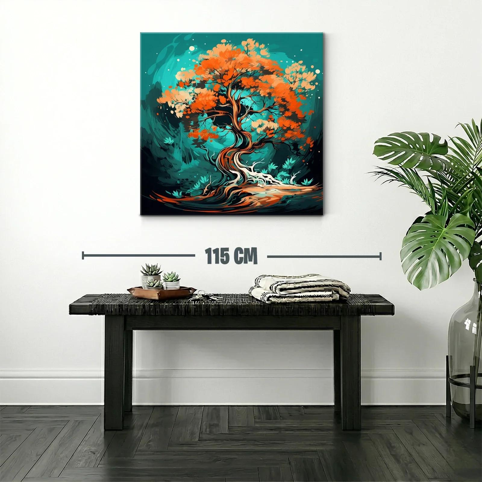 Árbol Abstracto con Hojas en Tonos Cálidos y Fondo Turquesa — miniatura 2