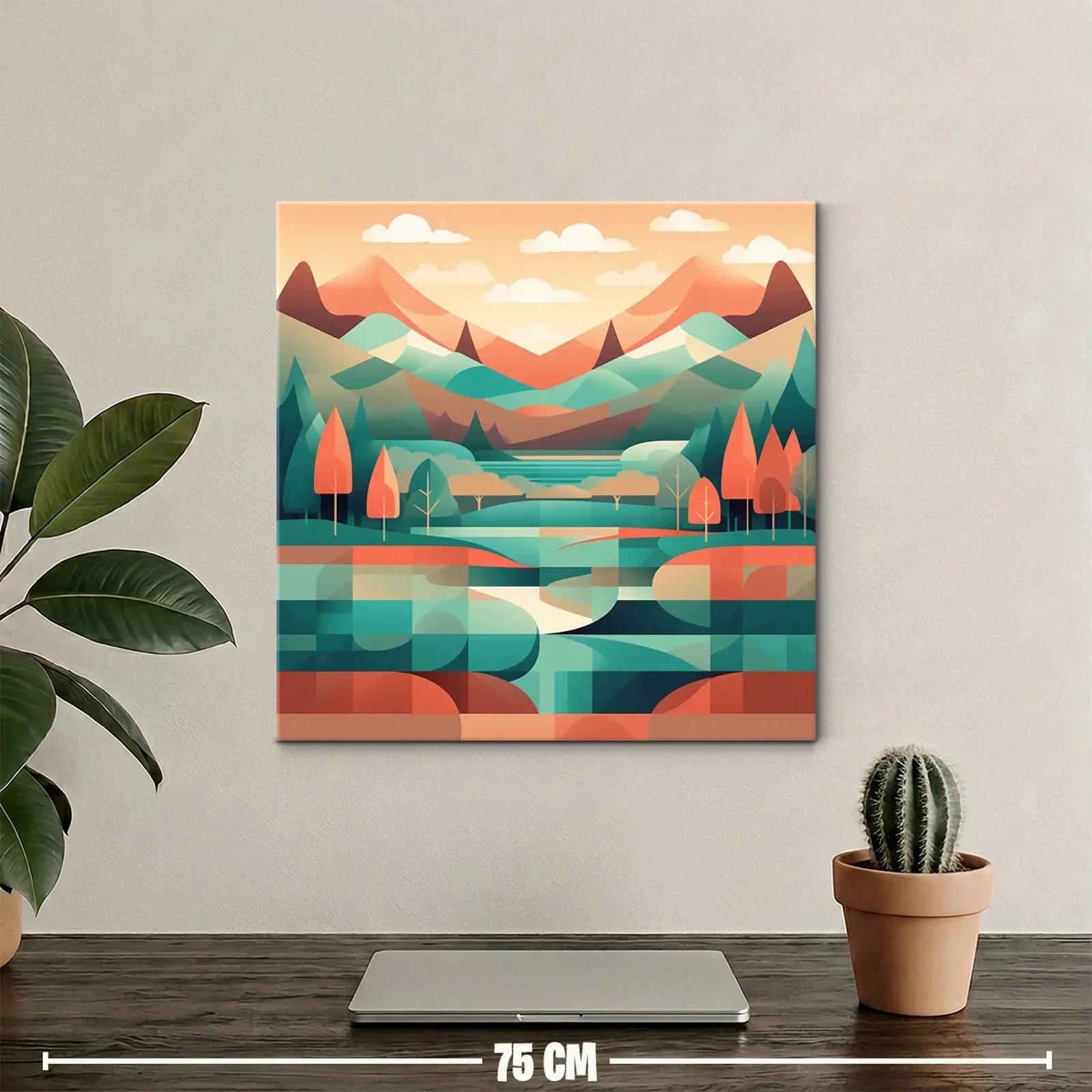 Paisaje geométrico con montañas y árboles en tonos cálidos — miniatura 2