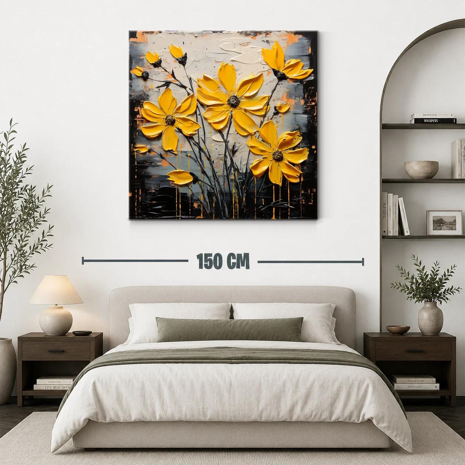 Cuadro moderno con flores amarillas vibrantes y fondo abstracto — miniatura 3