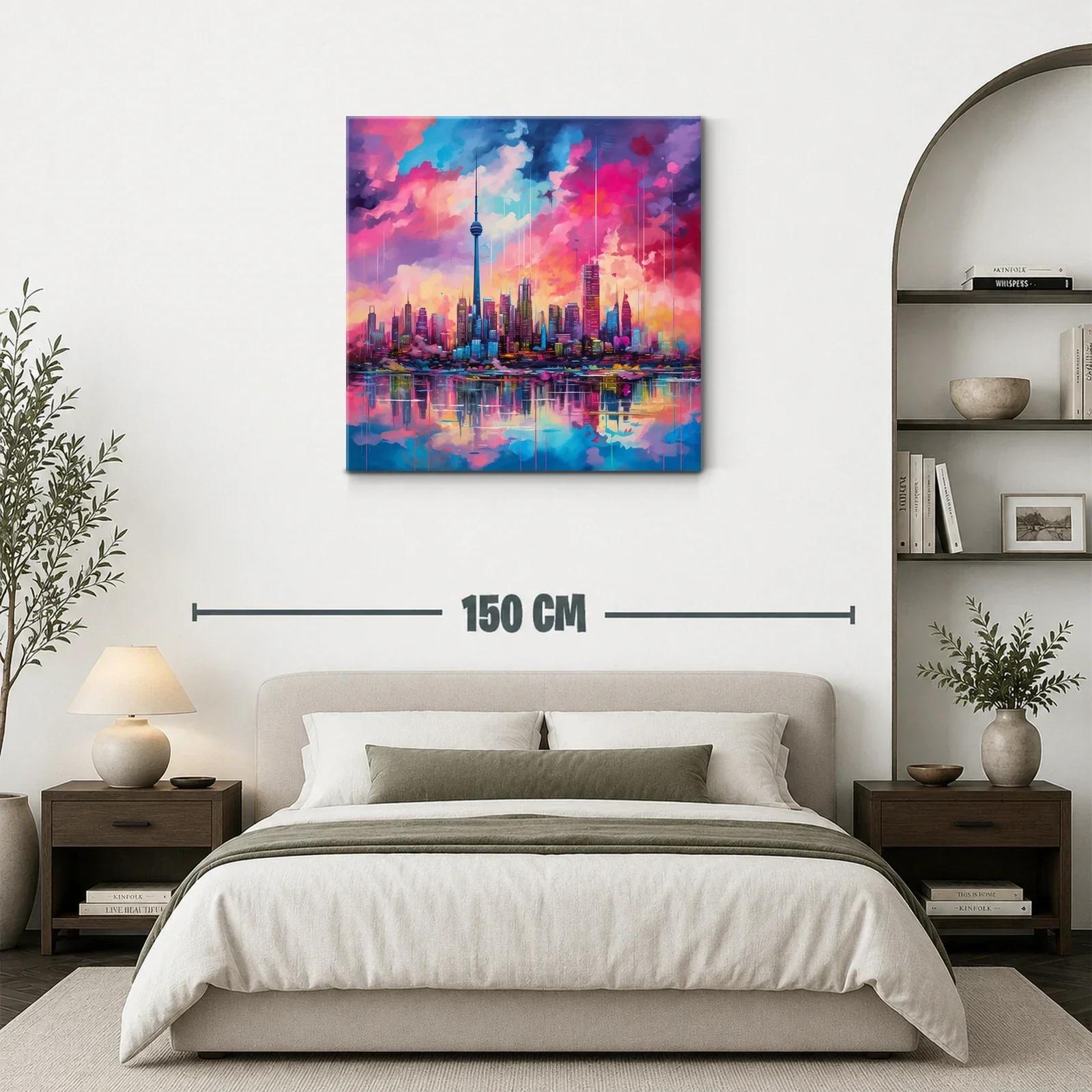 Atardecer vibrante sobre ciudad moderna y reflejos en agua — miniatura 3