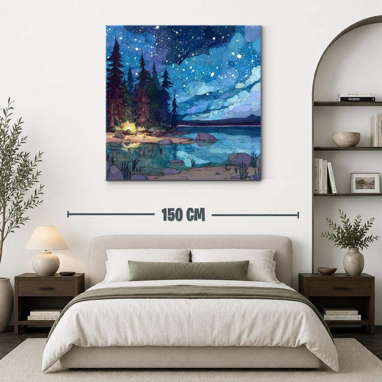 Paisaje nocturno estrellado con lago y bosque encantado — miniatura 3