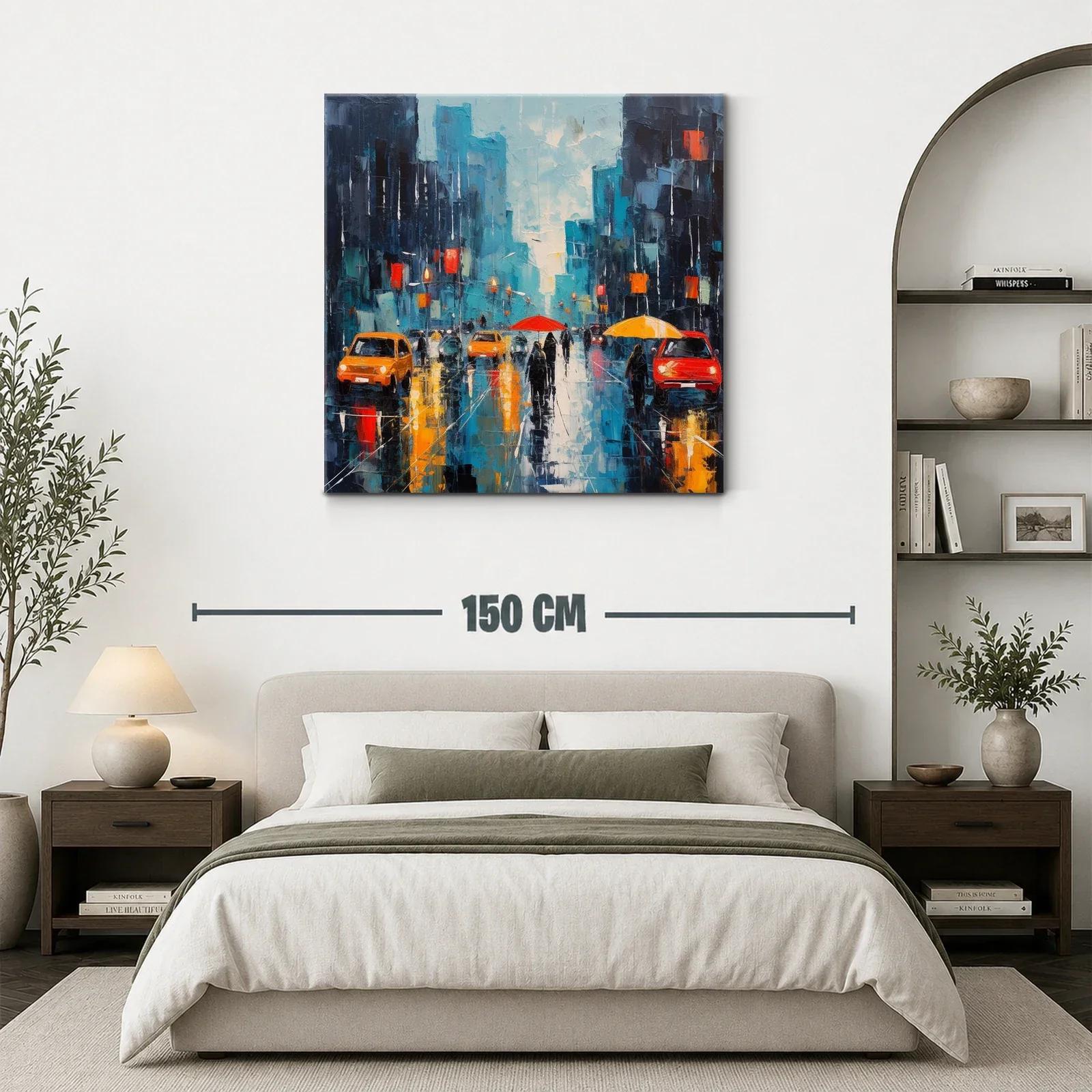 Cuadro urbano con paraguas en tonos vibrantes y contrastes — miniatura 3
