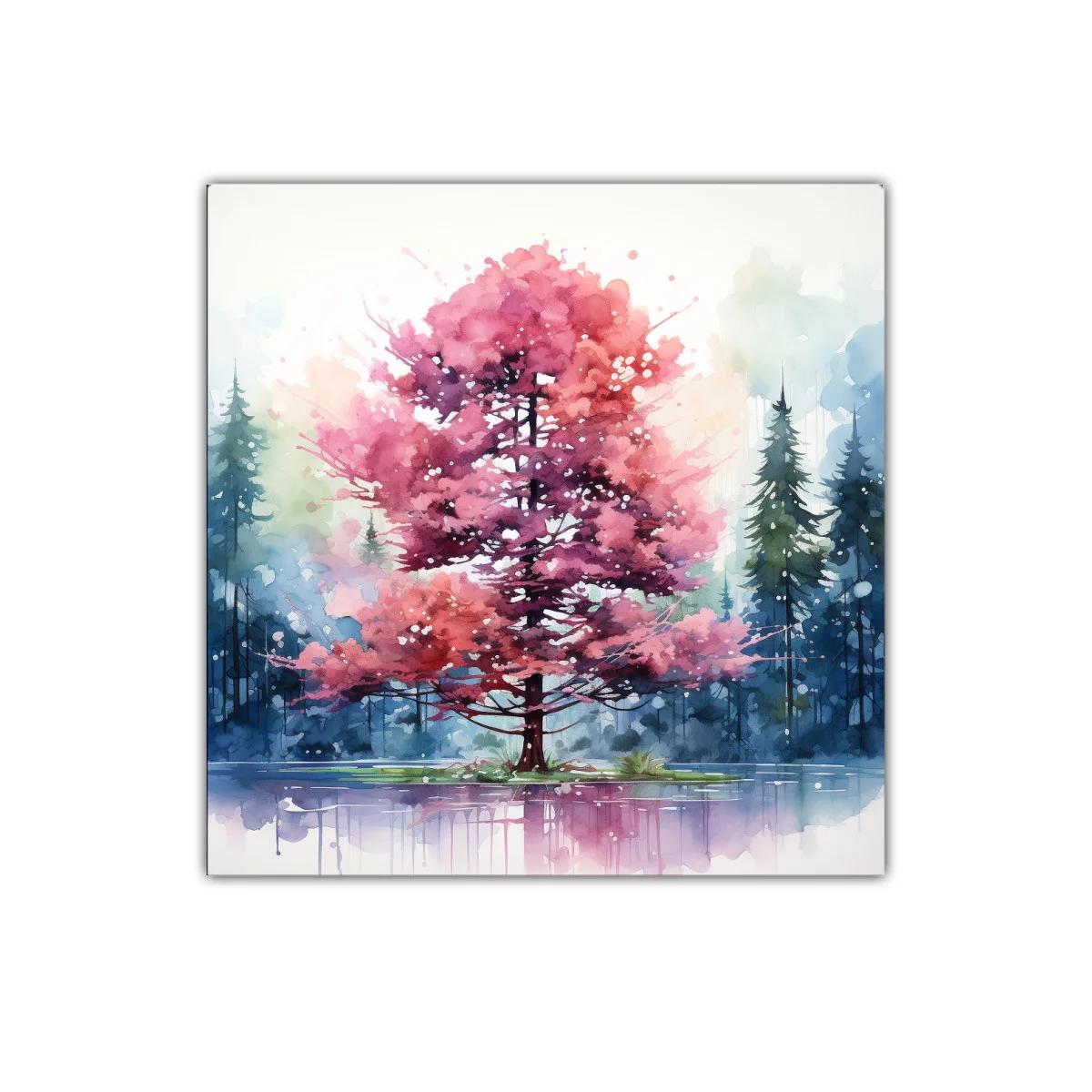 Árbol rosa en lago con fondo de pinos azules y verdes — miniatura 1