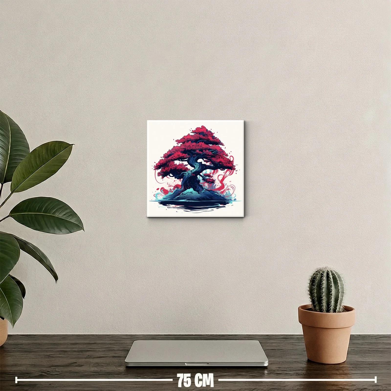 Árbol bonsái vibrante con follaje rojo intenso y base azul — miniatura 2