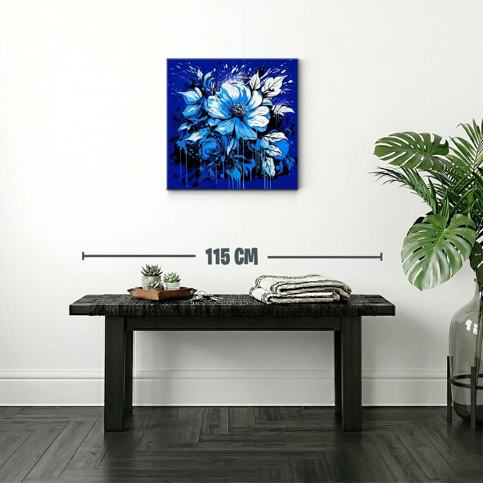 Cuadro floral vibrante en tonos azules intensos y negros — miniatura 2