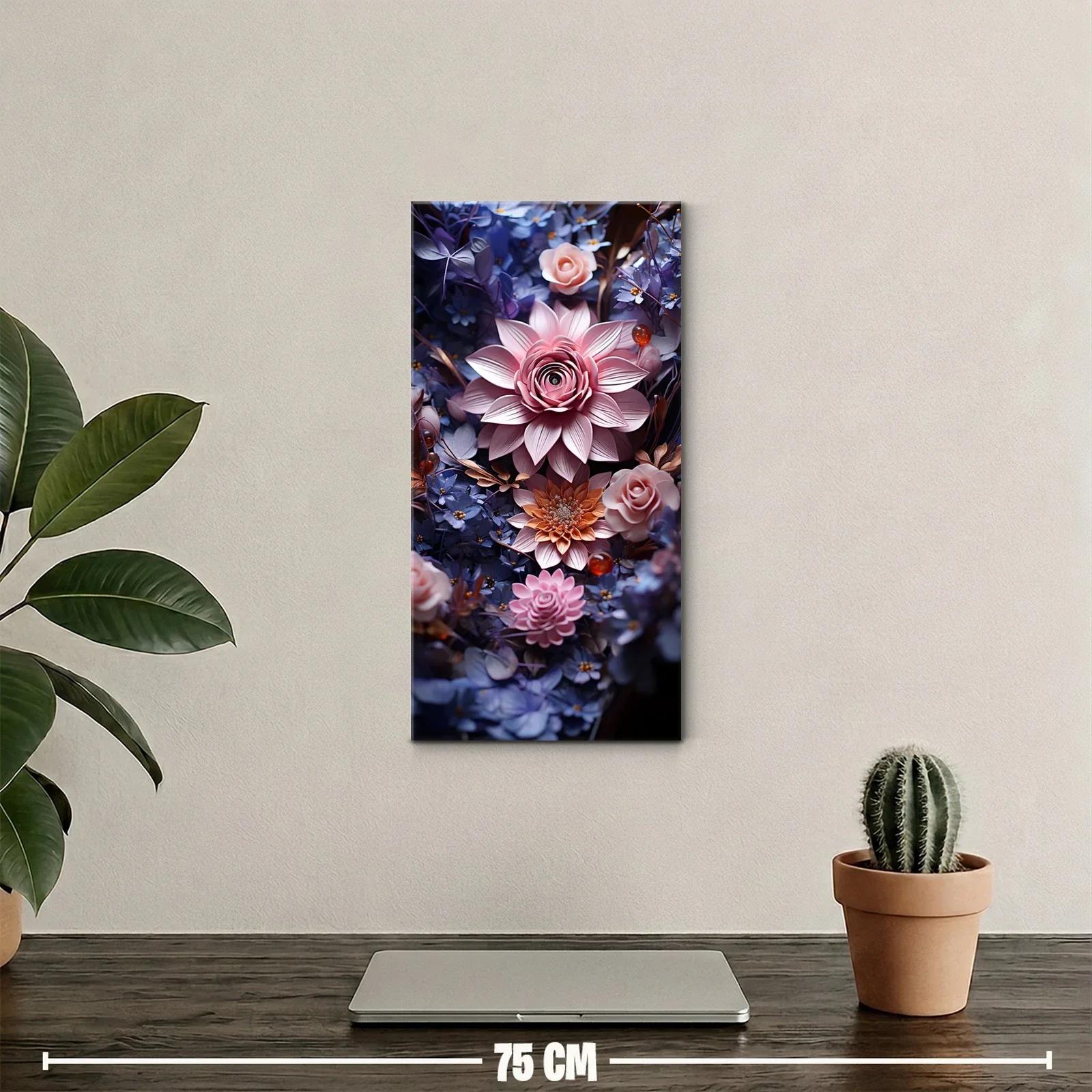 Cuadro flor rosa tipo dalia con flores azules — miniatura 2