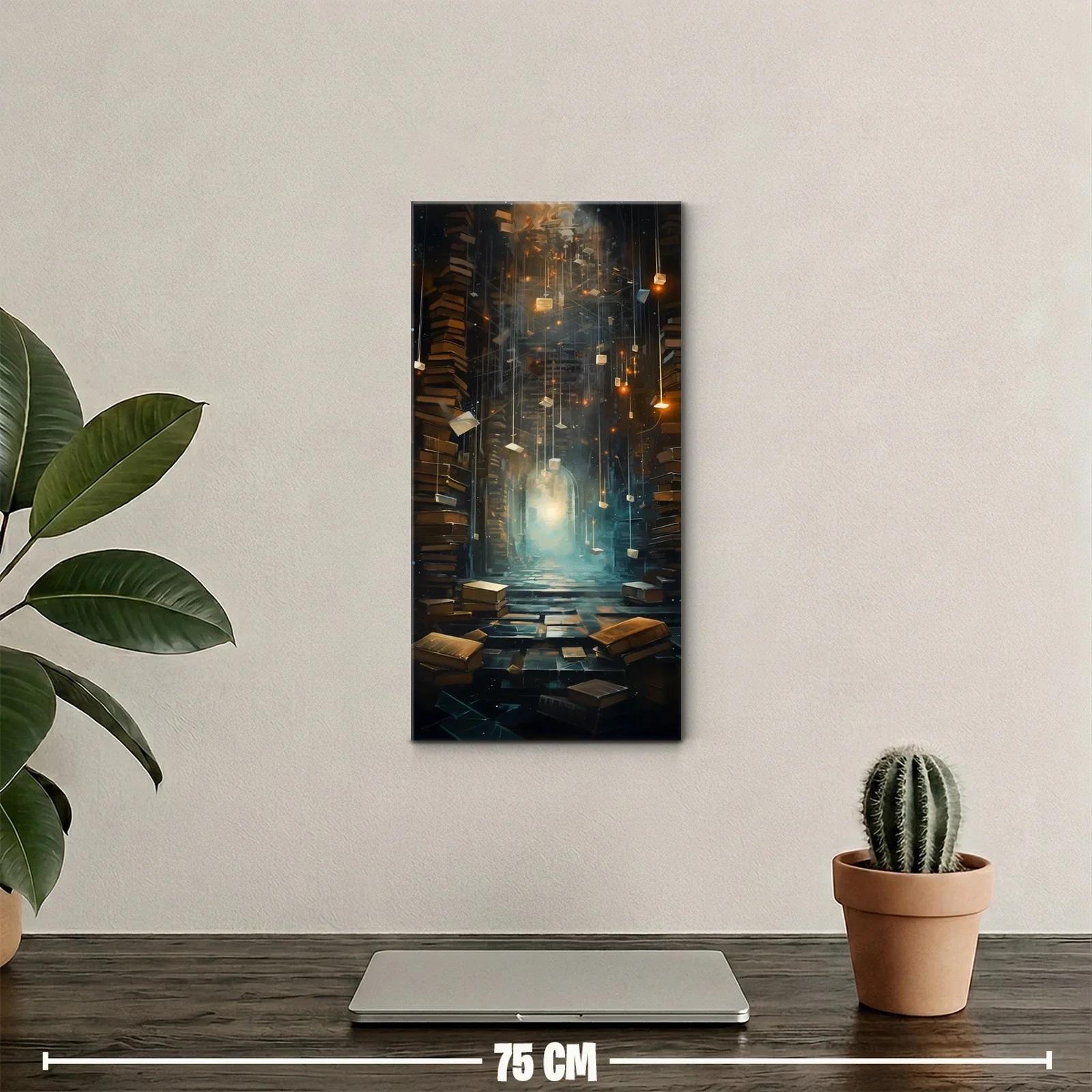 Cuadro biblioteca fantástica con faroles y luz al fondo — miniatura 2