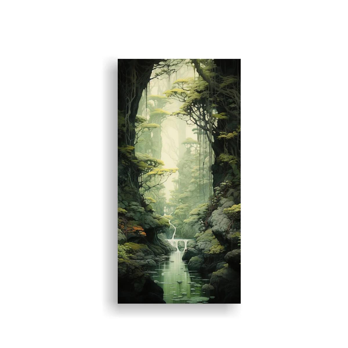 Cuadro cascada en bosque frondoso con estanque