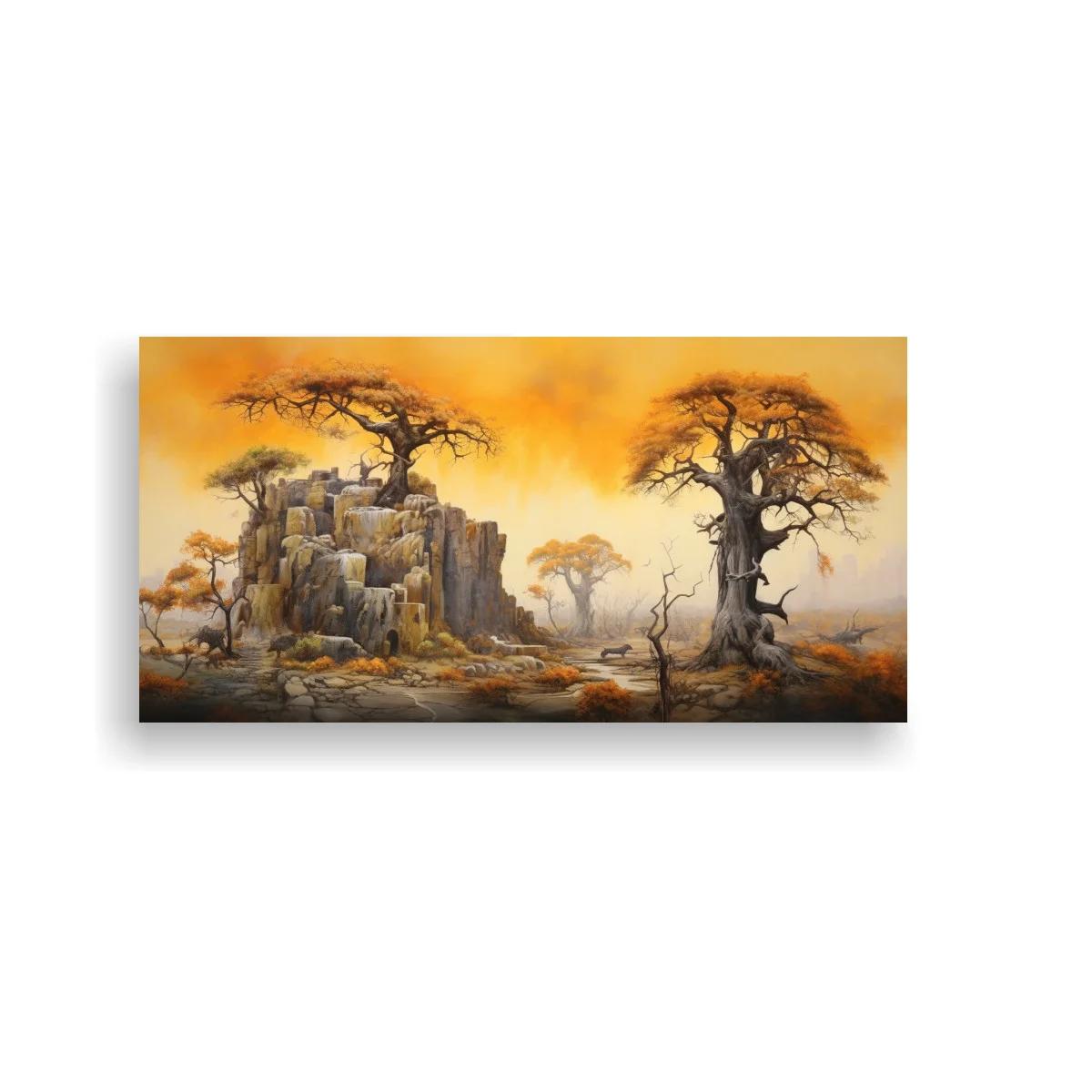 Cuadro baobab con peñasco y cielo anaranjado — imagen principal