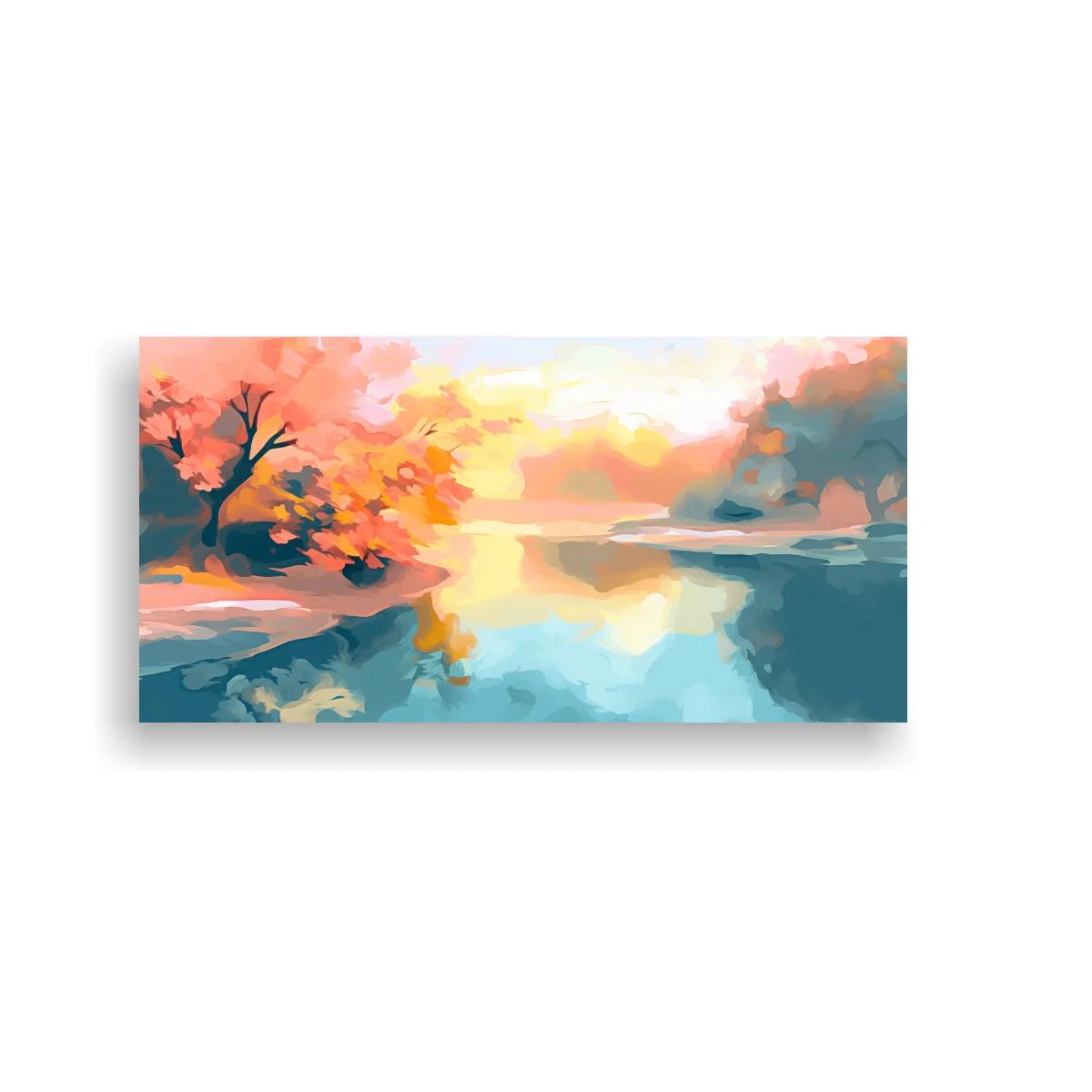 Cuadro paisaje de lago al atardecer con flores rosadas — imagen principal
