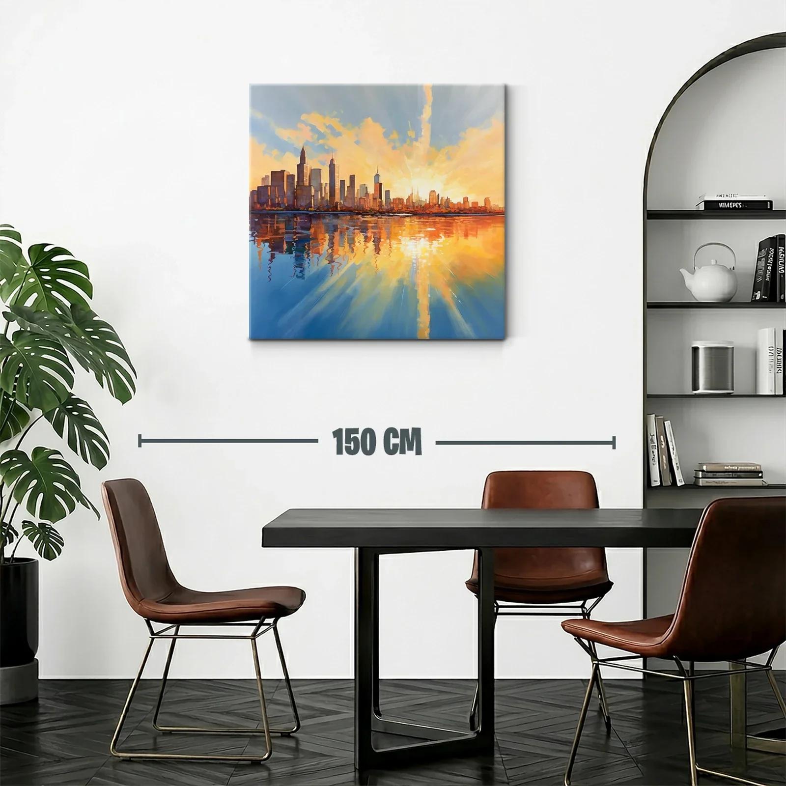 Atardecer vibrante sobre horizonte urbano reflejado en agua — miniatura 2