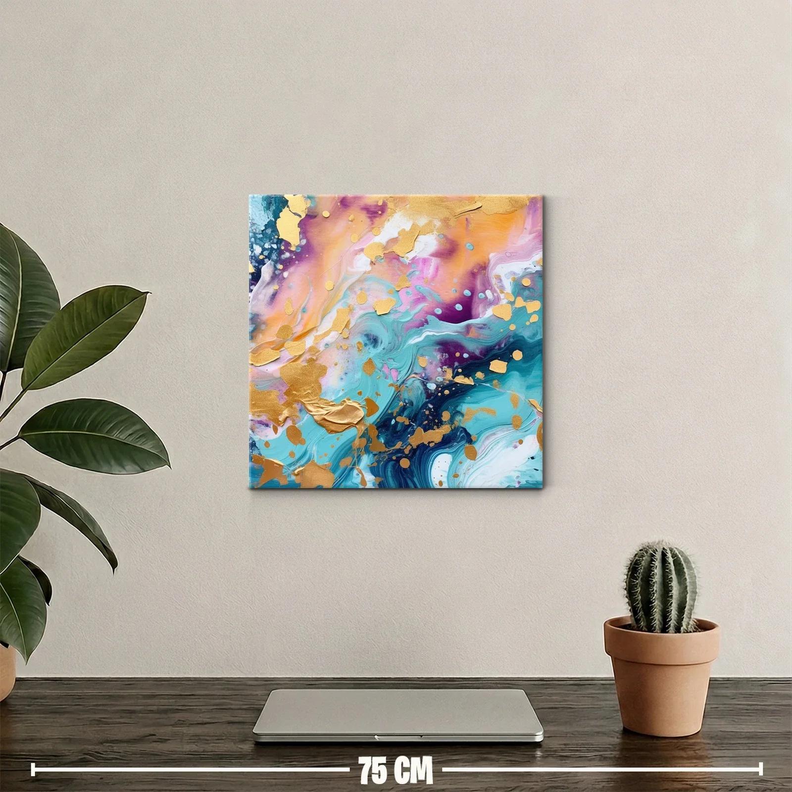 Cuadro abstracto con tonos dorados y vibrantes azules — miniatura 2