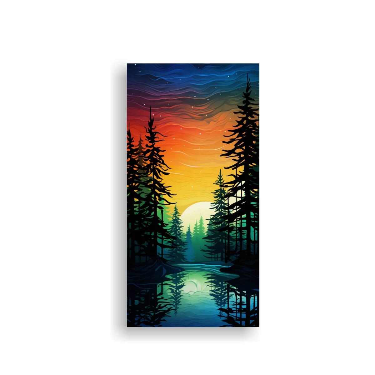 Cuadro bosque de pinos al atardecer con cielo ondulado