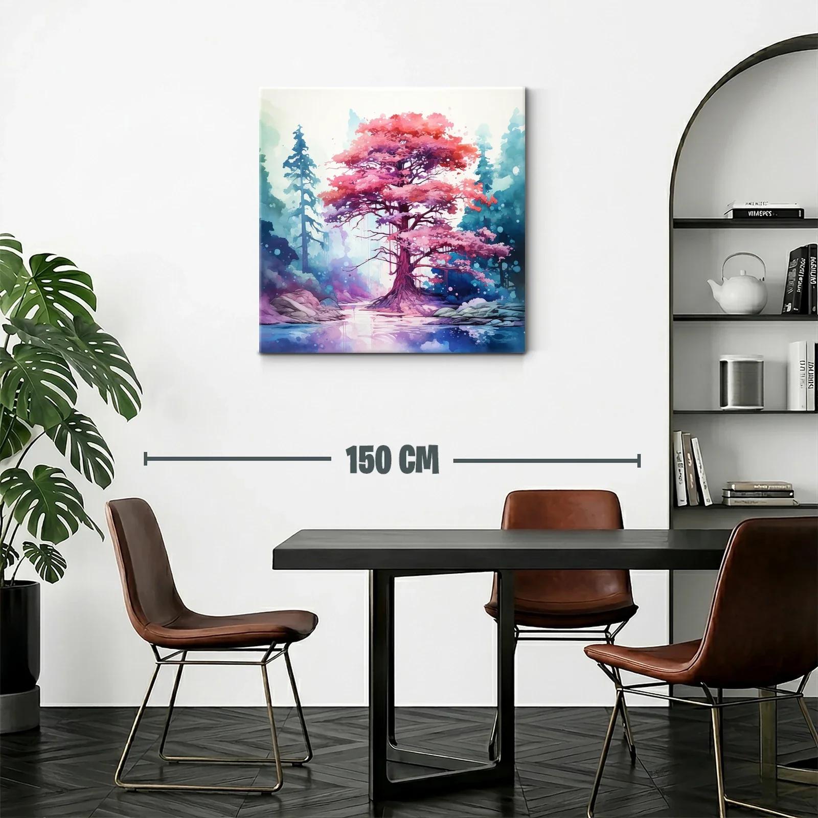 Árbol rosa mágico entre bosque azul y lago tranquilo — miniatura 2
