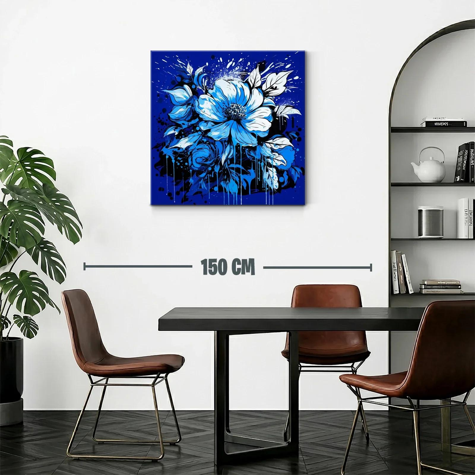 Cuadro floral vibrante en tonos azules intensos y negros — miniatura 2