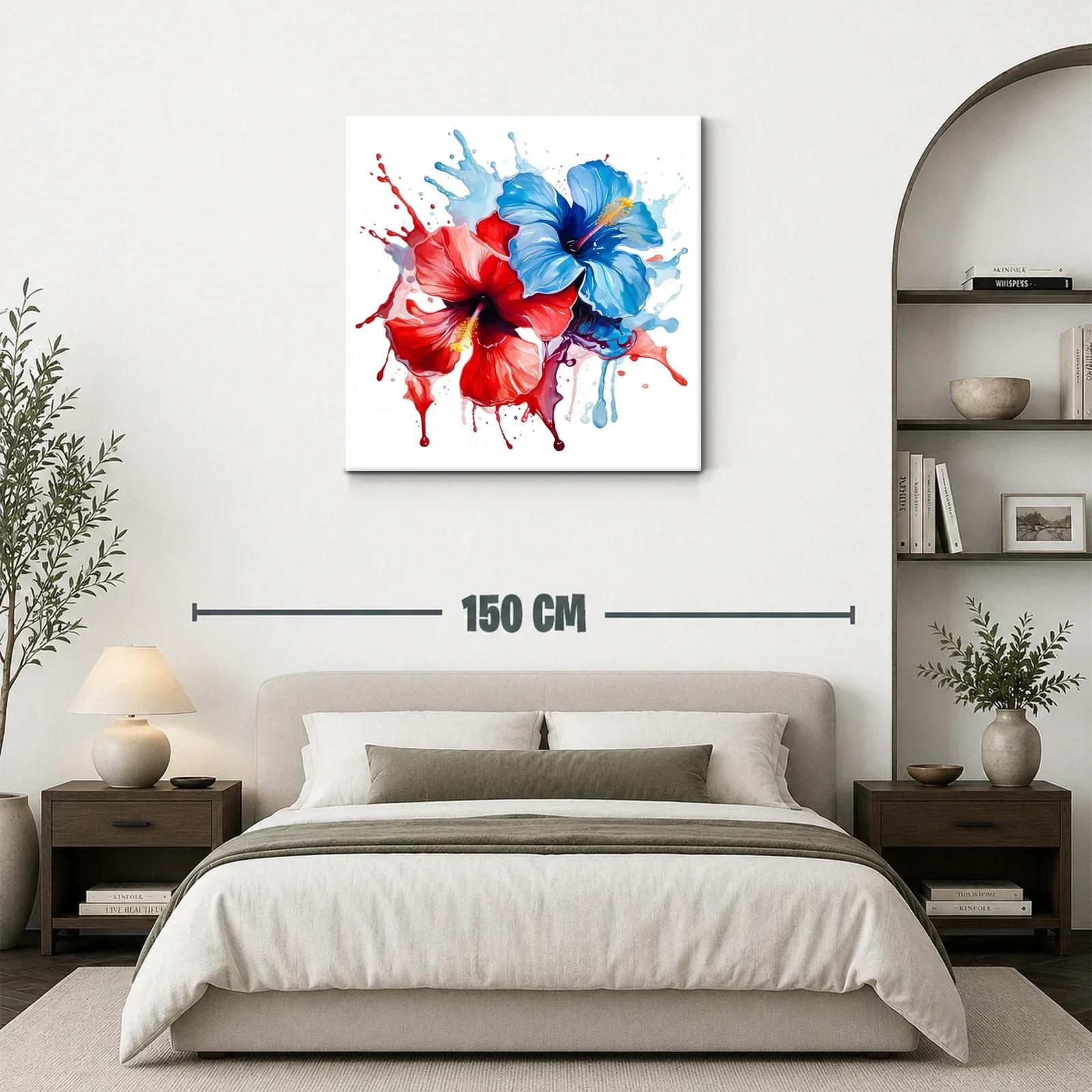 Cuadro moderno de flores hibisco en tonos rojo y azul — miniatura 3