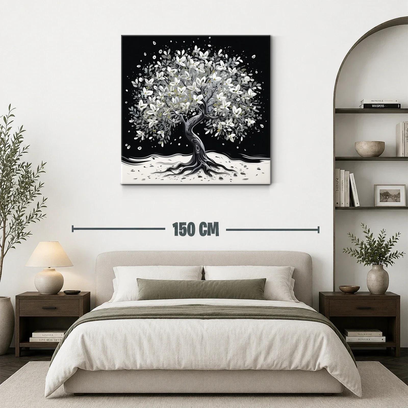 Árbol florecido en tonos blancos y grises sobre fondo oscuro — miniatura 3