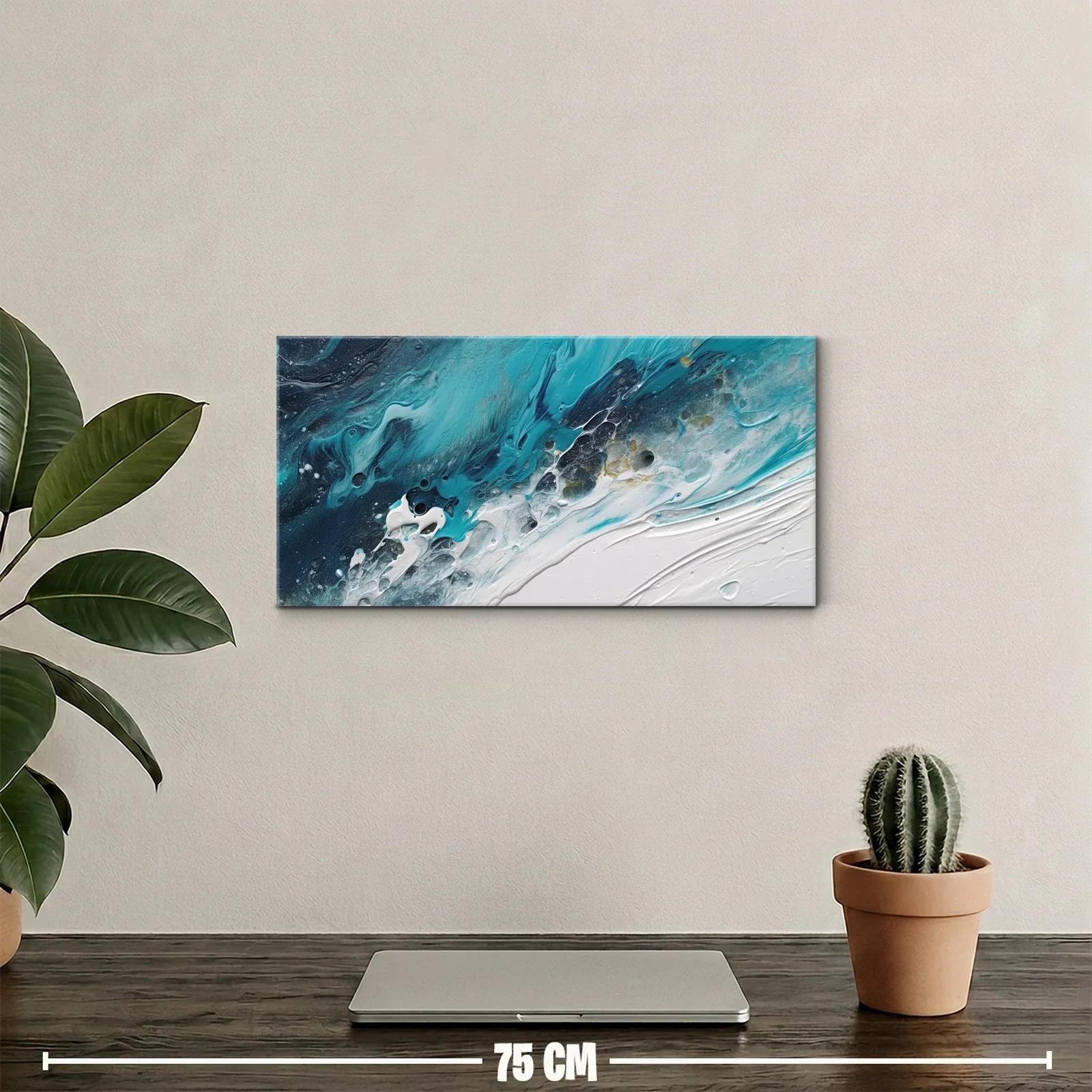 Cuadro oleaje abstracto en turquesa con franja diagonal — miniatura 2