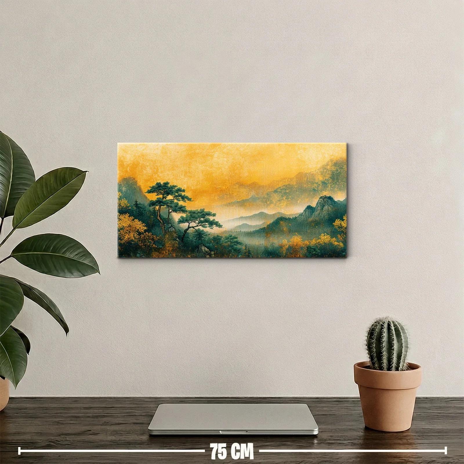 Cuadro paisaje montañoso con pinos y valle brumoso — miniatura 2