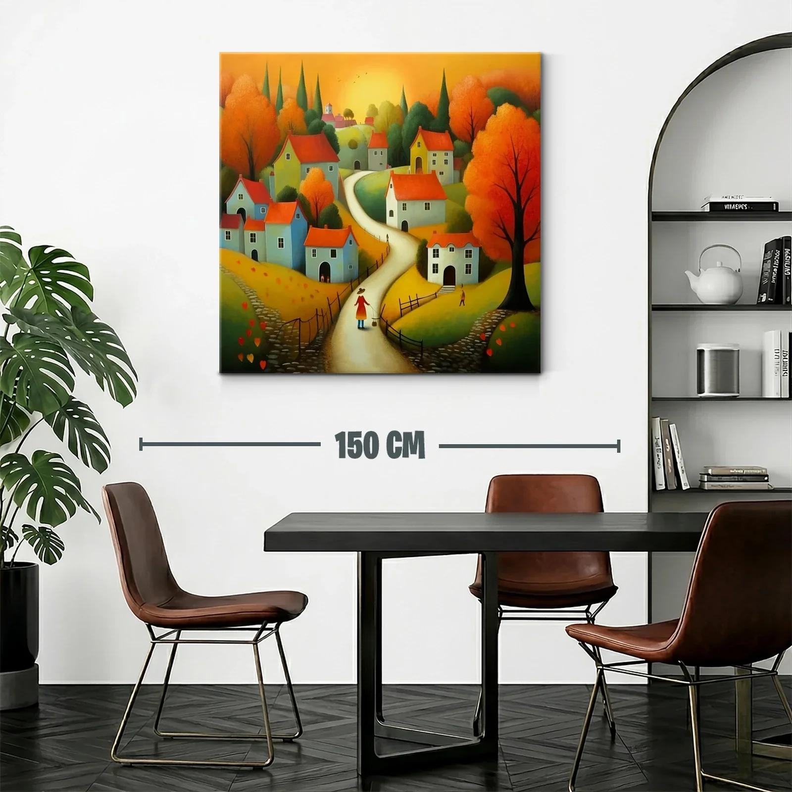 Paisaje otoñal con casas y sendero iluminado al atardecer — miniatura 2