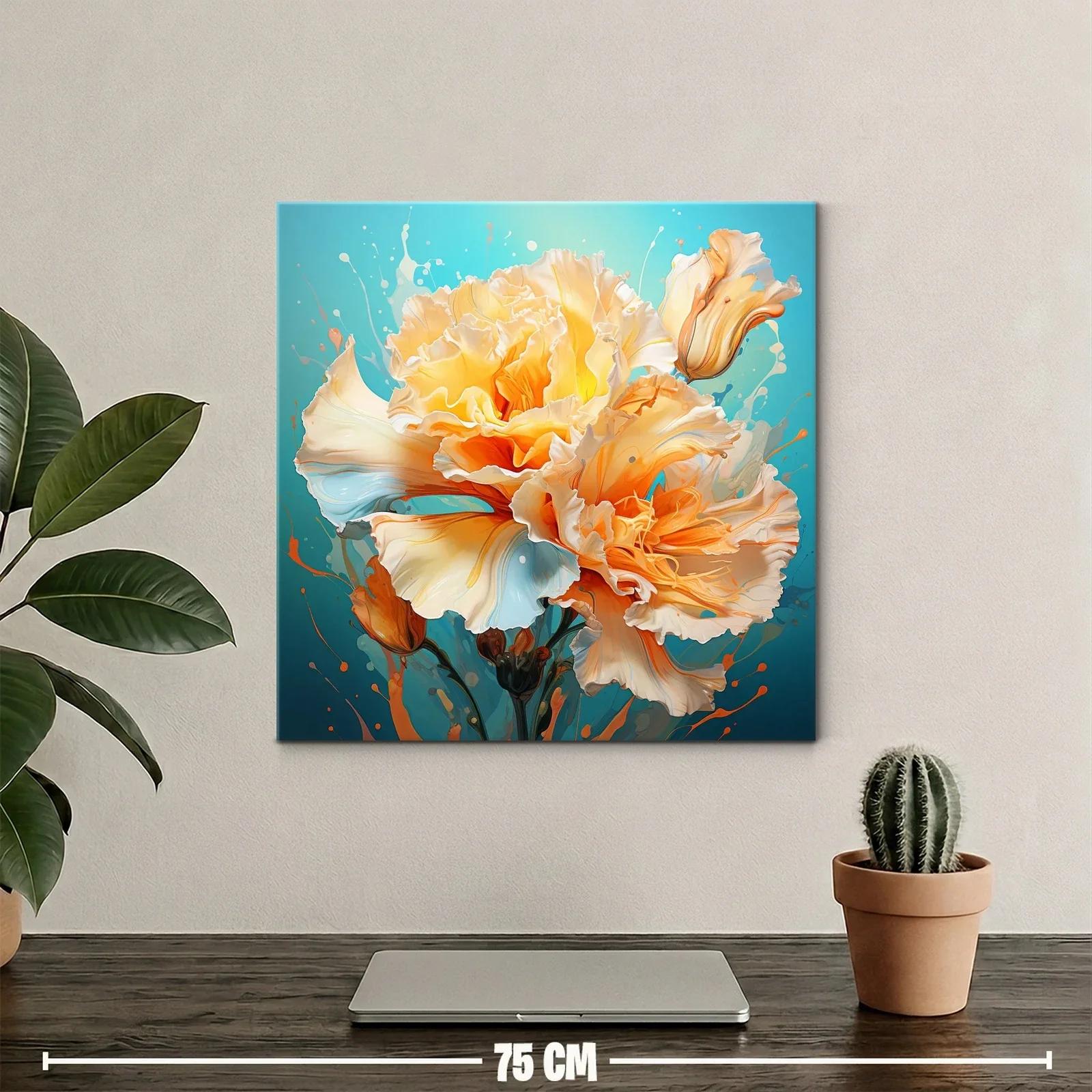 Cuadro floral vibrante en tonos cálidos y fondo azul — miniatura 2