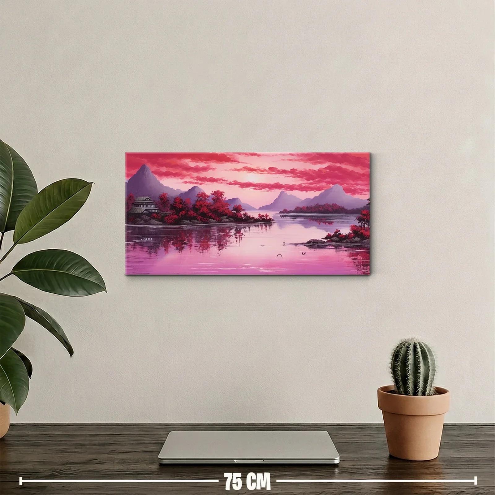 Cuadro paisaje lacustre asiático con pagoda y lago reflejante — miniatura 2