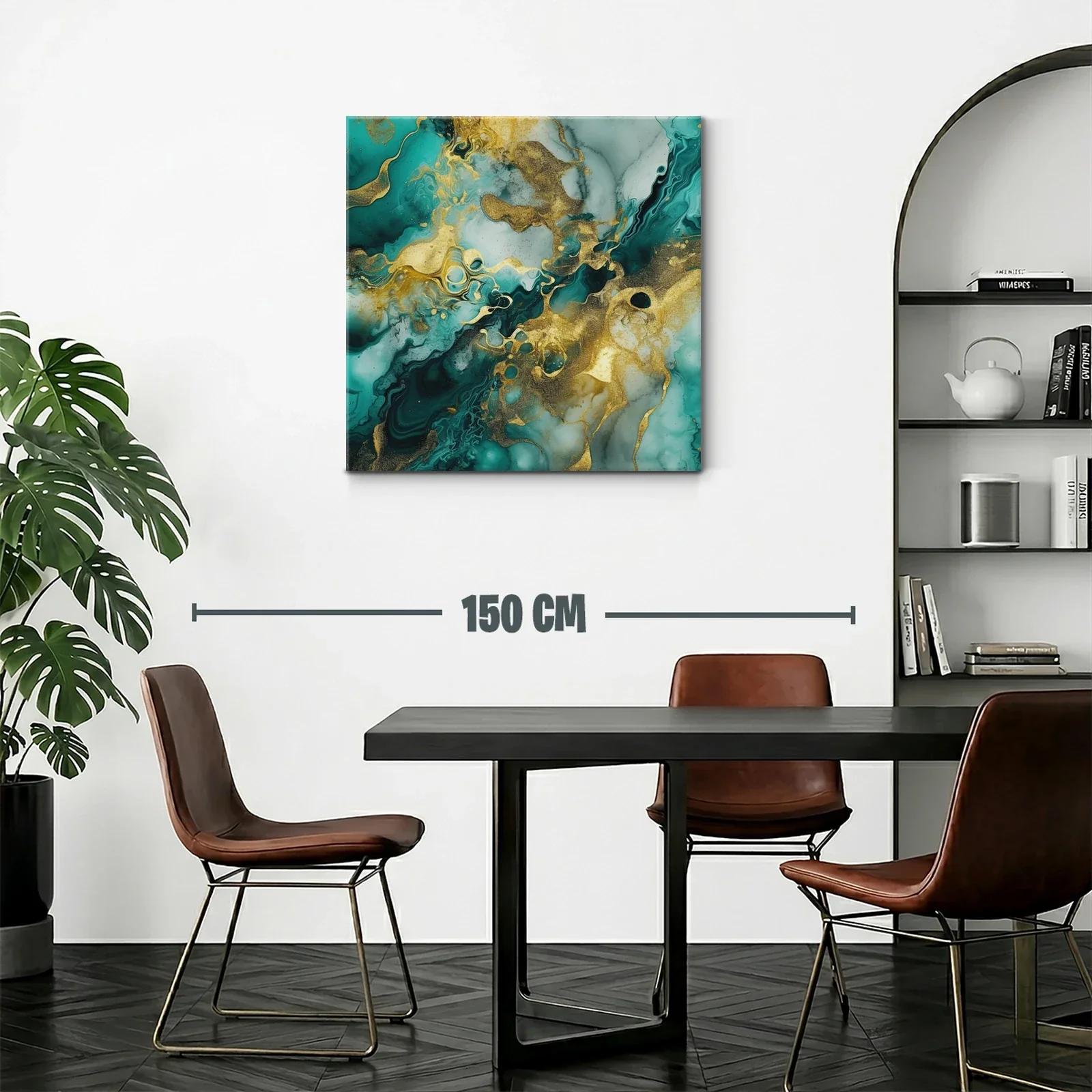 Cuadro abstracto con dorado y tonos verdes marinos vibrantes — miniatura 2