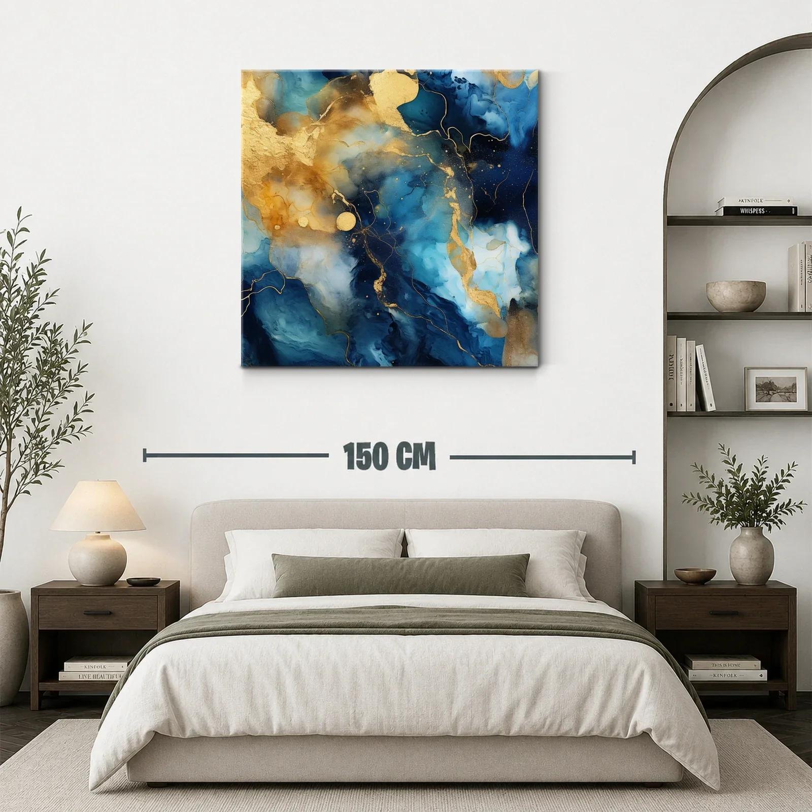 Cuadro abstracto en tonos azules y dorados con textura fluida — miniatura 3