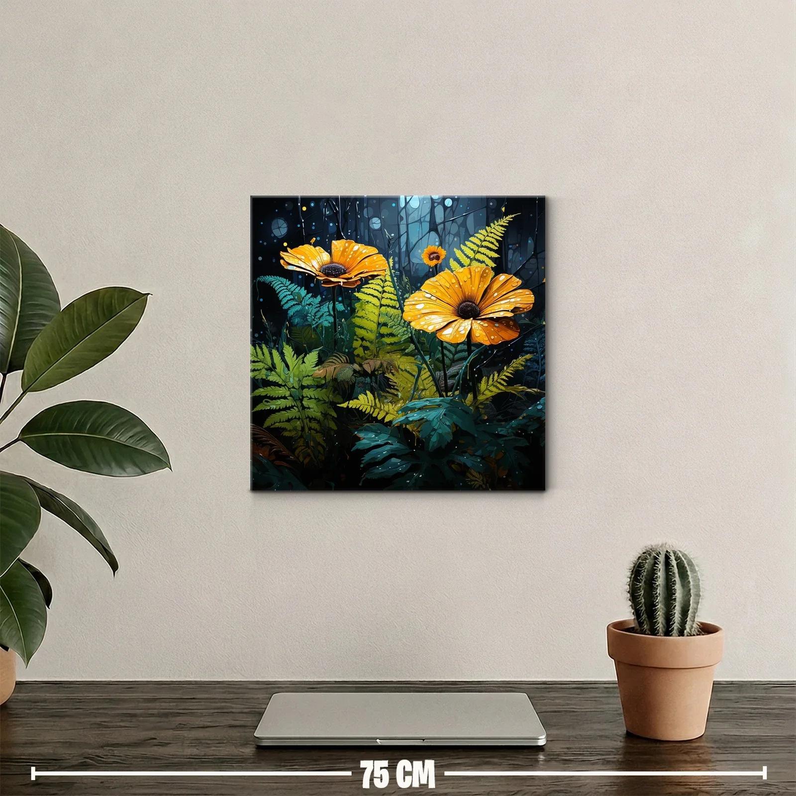 Flores amarillas en bosque oscuro con gotas de rocío — miniatura 2