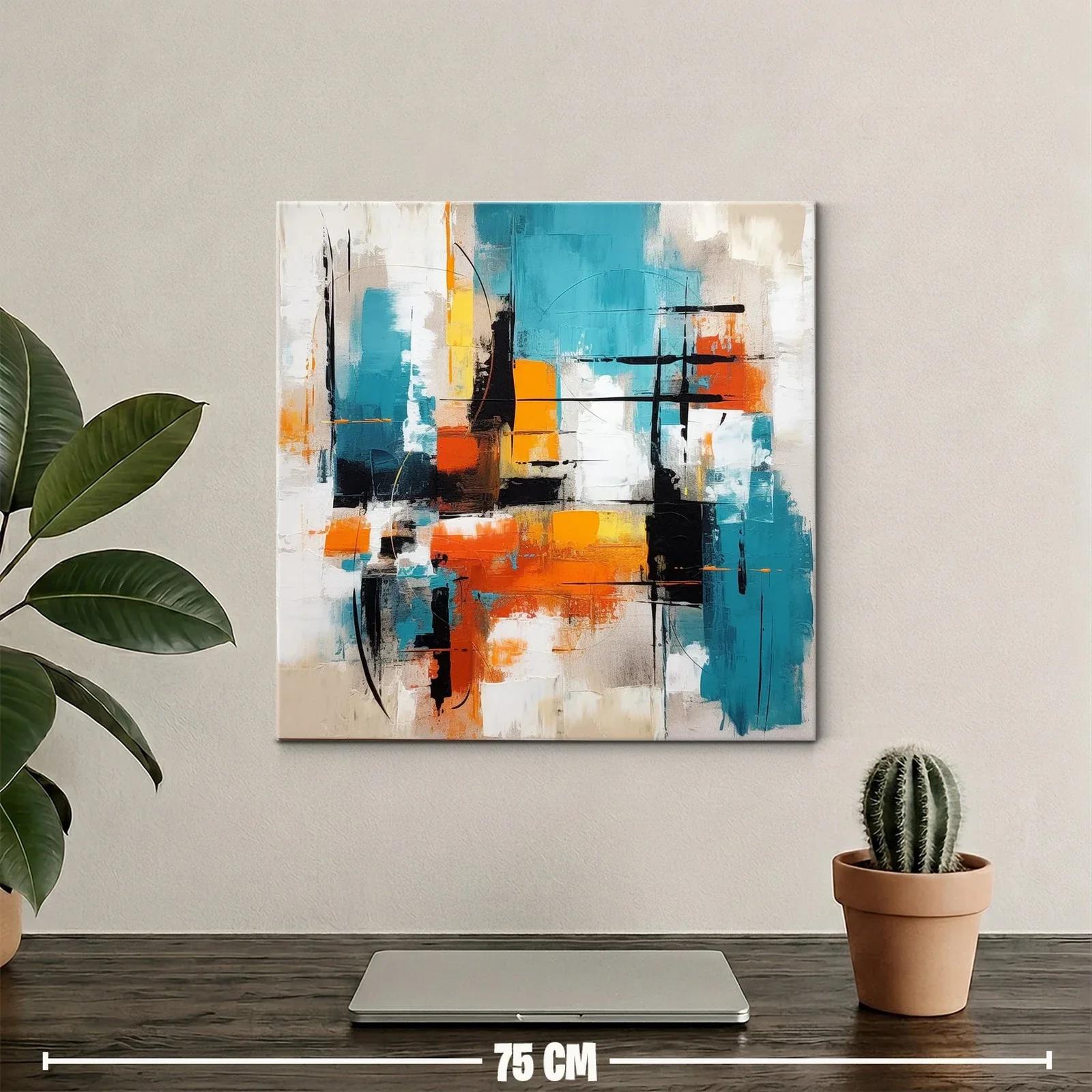 Cuadro abstracto vibrante con tonos turquesa y naranja — miniatura 2
