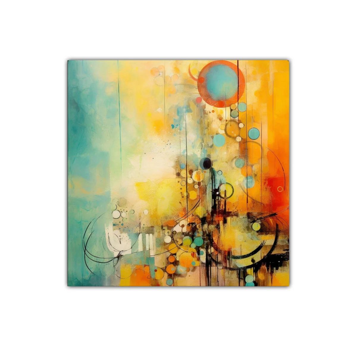 Cuadro abstracto con círculos en tonos cálidos y azules suaves — miniatura 1