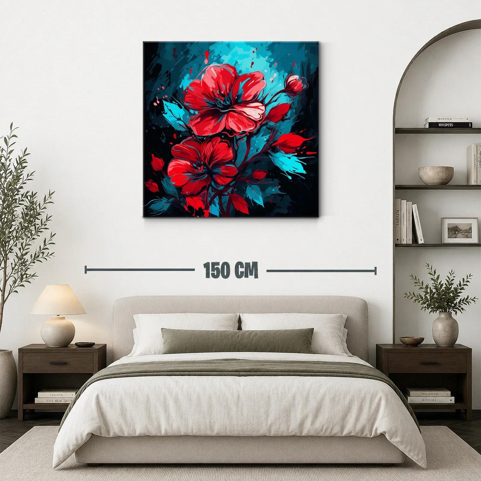 Flor roja vibrante sobre fondo azul intenso y negro — miniatura 3