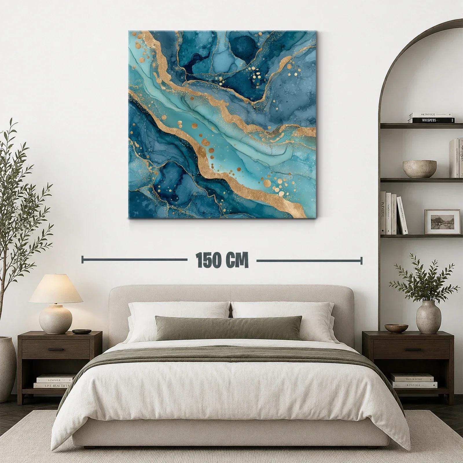 Cuadro abstracto con tonos azules y detalles dorados brillantes — miniatura 3