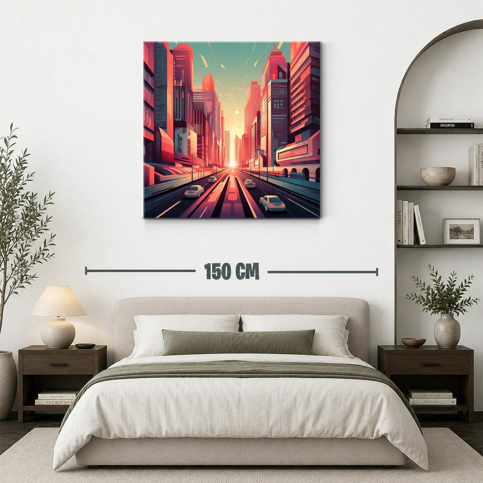 Ciudad futurista al atardecer con tonos cálidos y vibrantes — miniatura 3