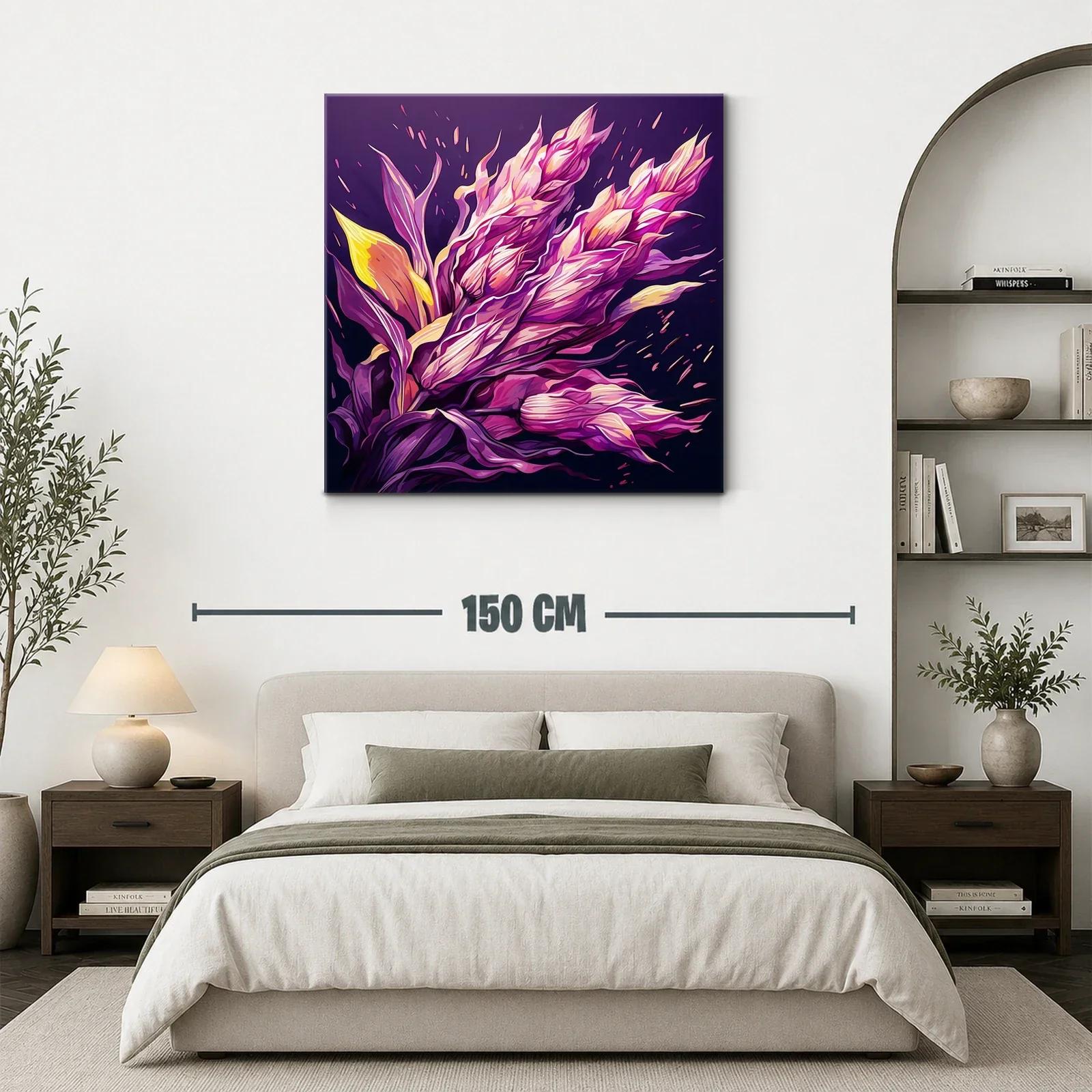 Cuadro floral vibrante con tonos púrpuras y amarillos — miniatura 3