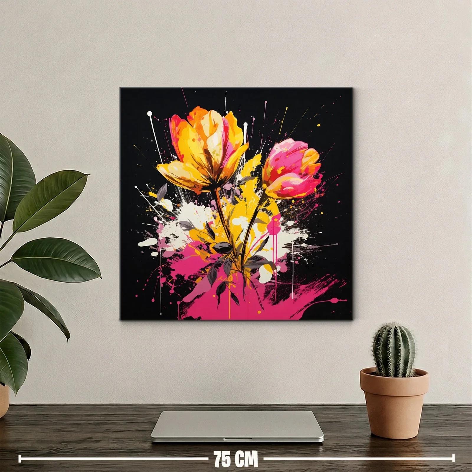 Cuadro floral vibrante con tonos rosas y amarillos intensos — miniatura 2