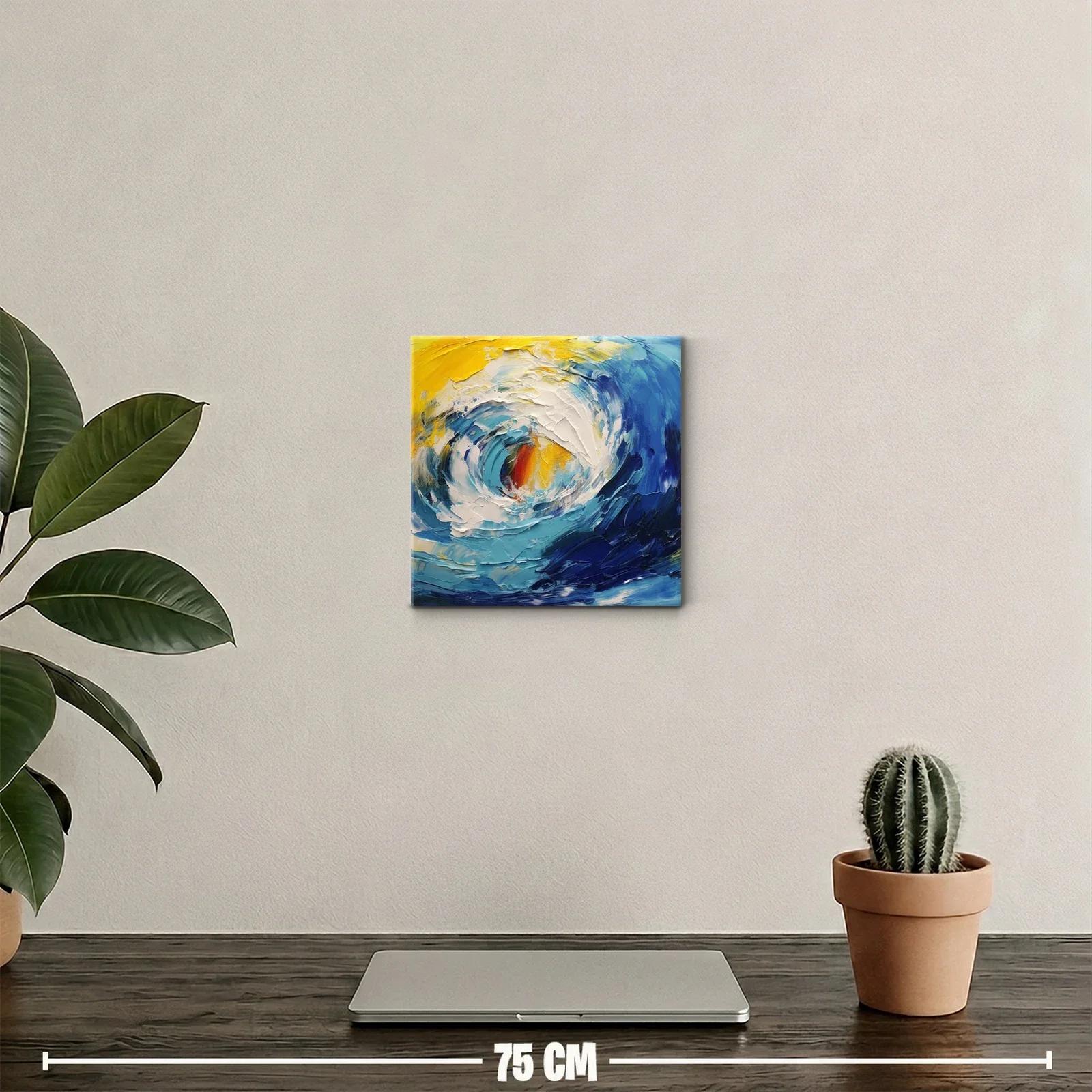 Cuadro abstracto de oleaje dinámico en tonos azul y amarillo — miniatura 2