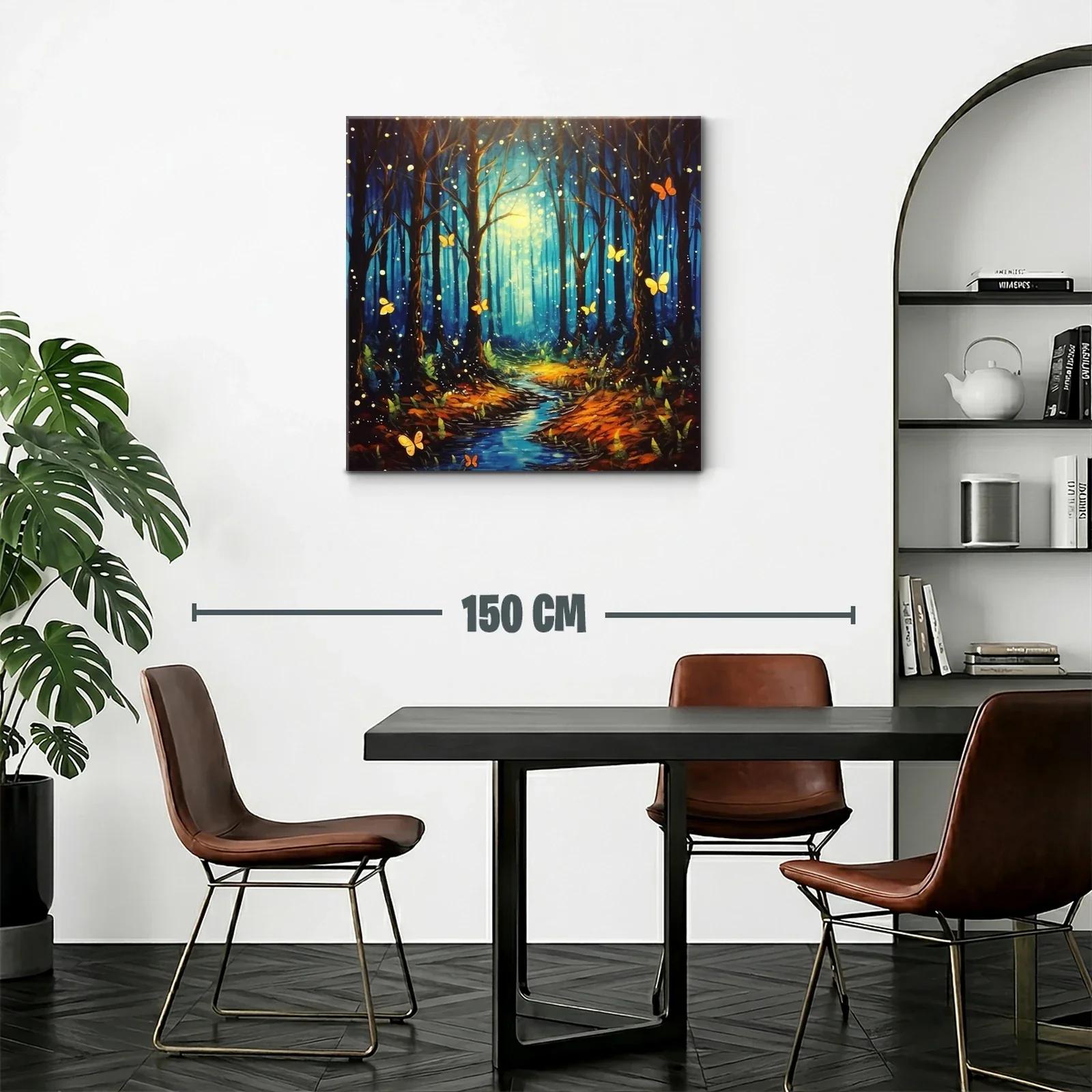 Bosque encantado con mariposas iluminadas y sendero azul — miniatura 2