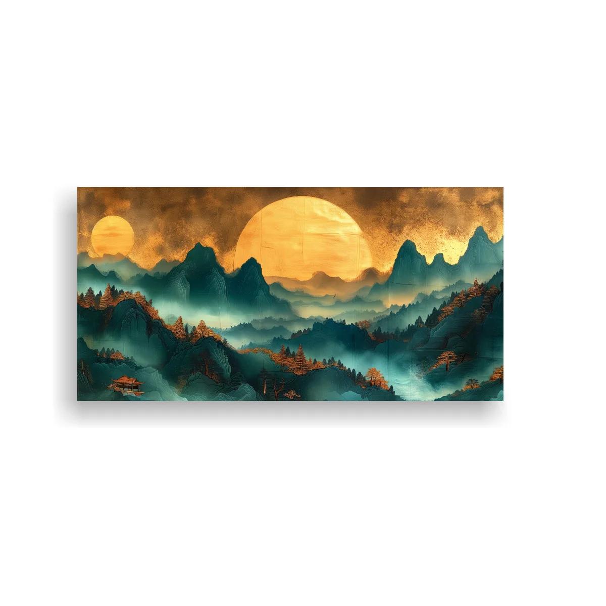 Cuadro paisaje de montañas con gran sol entre nubes — imagen principal