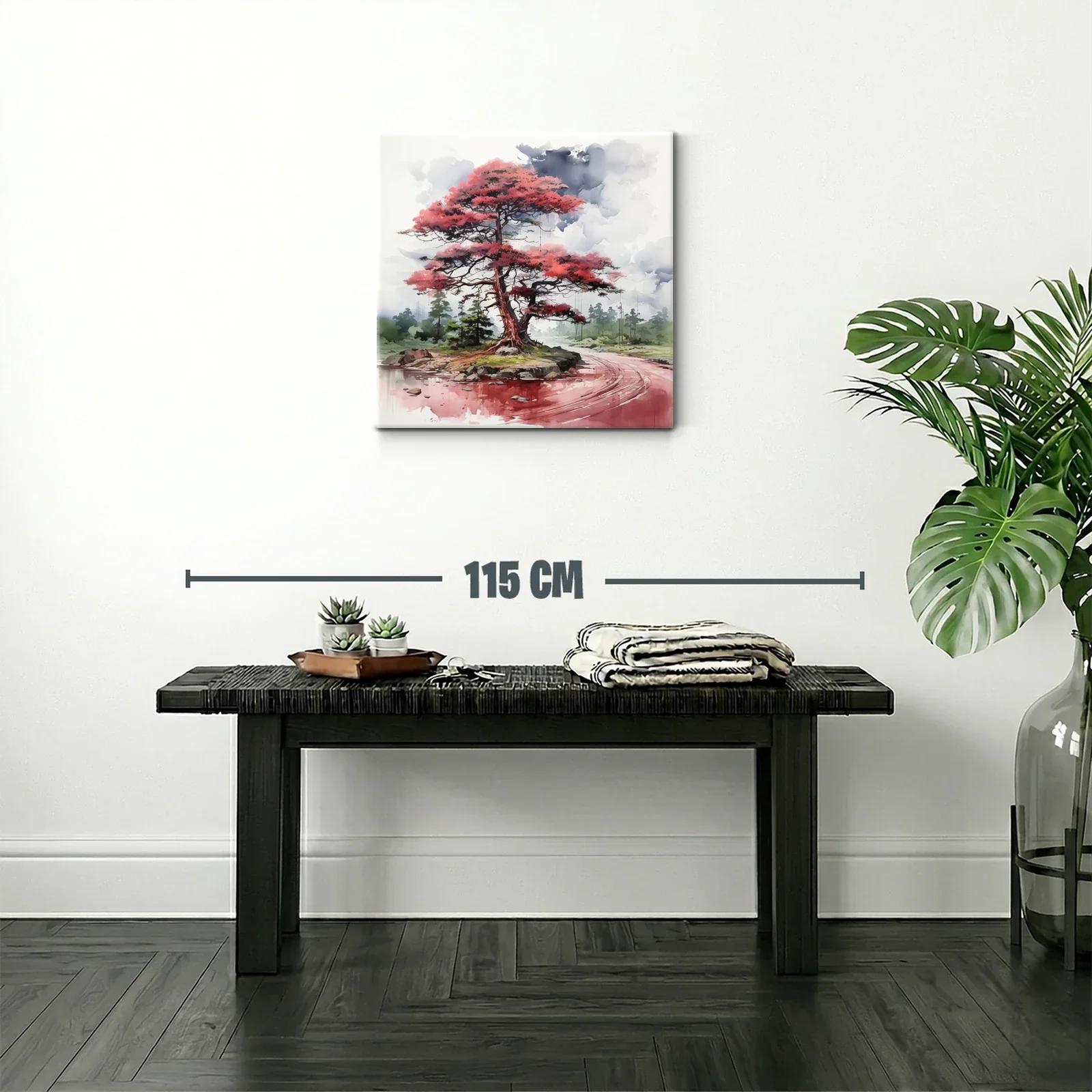 Árbol rojo junto al río en paisaje tranquilo y etéreo — miniatura 2