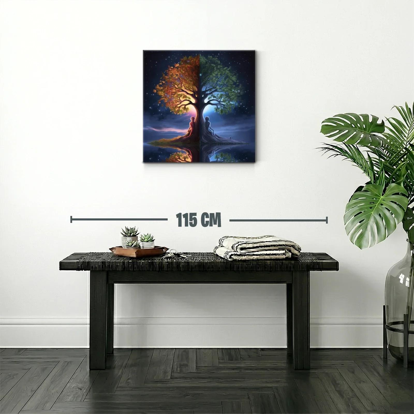 Cuadro árbol dual con figuras humanas y contraste día noche — miniatura 2