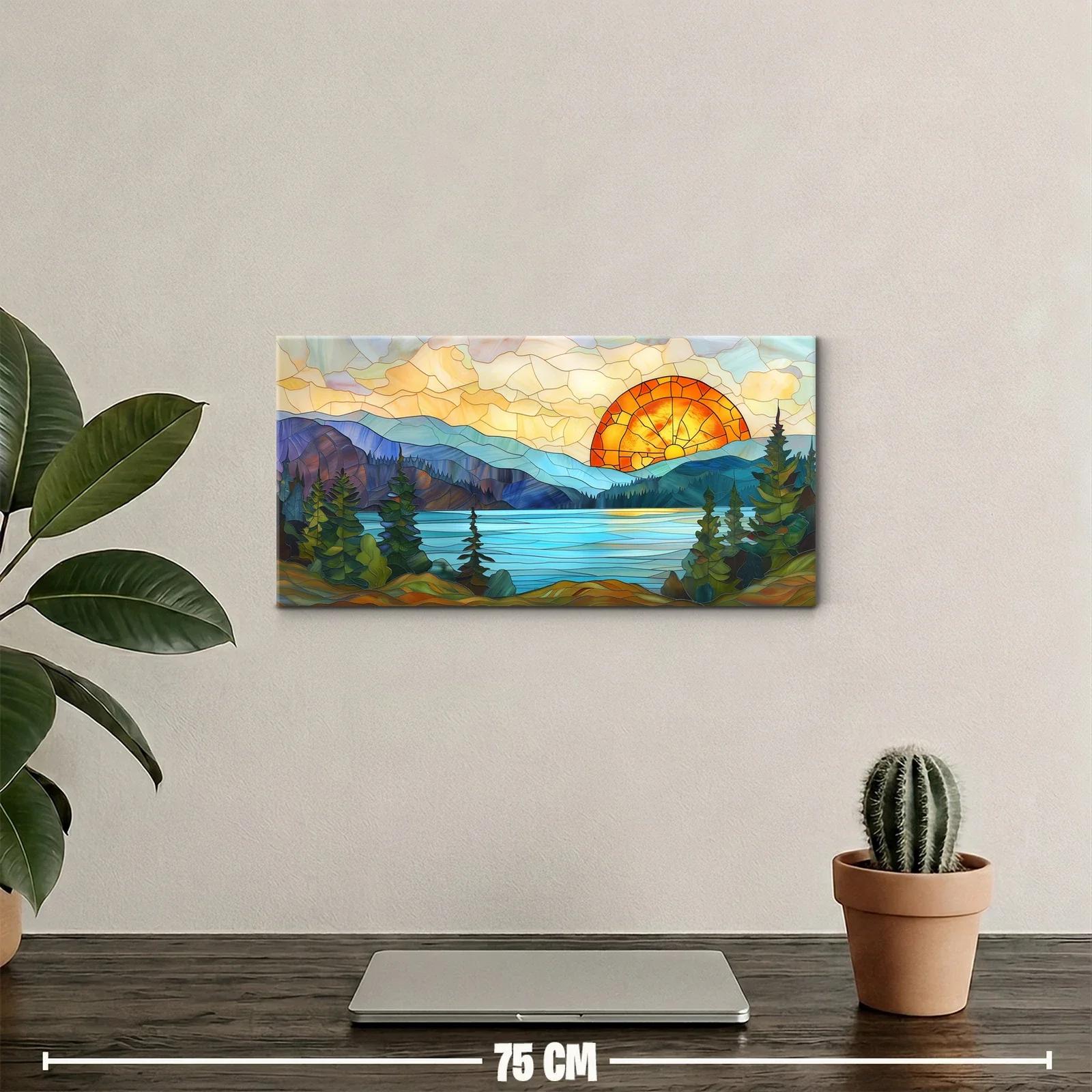 Cuadro paisaje lacustre de montaña con sol anaranjado tipo vitral — miniatura 2