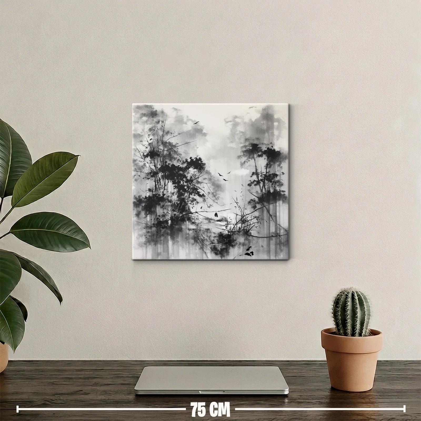 Bosque brumoso con aves en tonos grises y negros — miniatura 2