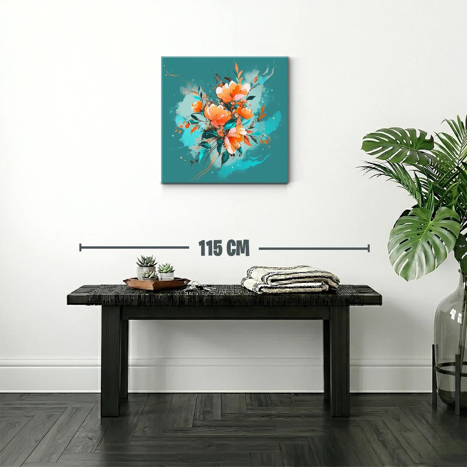 Cuadro Floral con tonos cálidos y fondo turquesa vibrante — miniatura 2