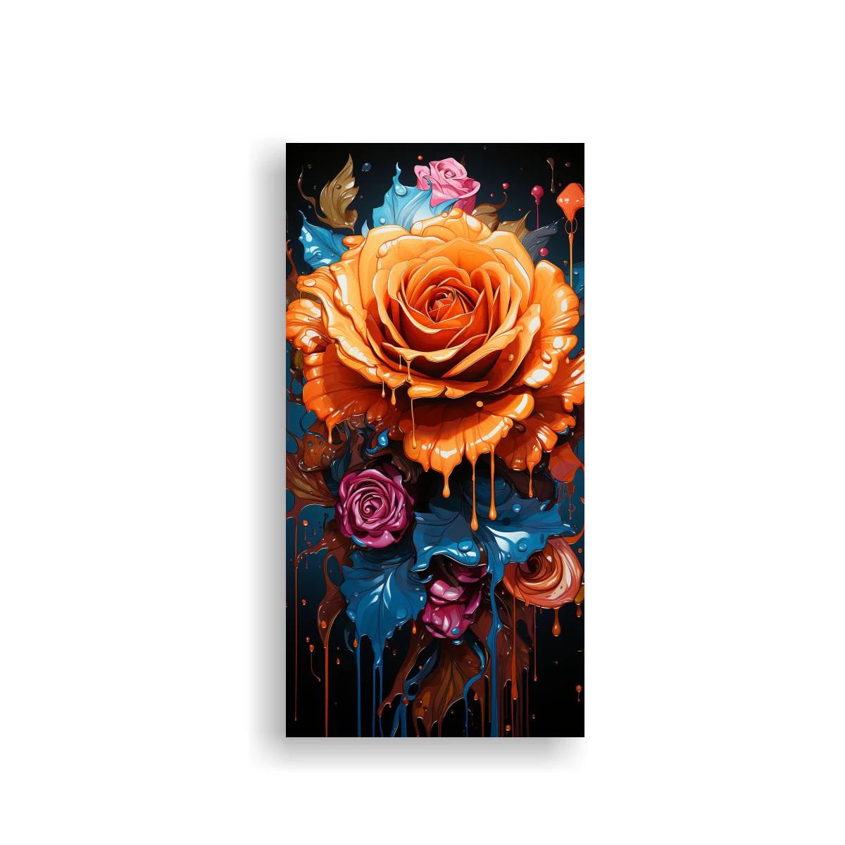 Cuadro rosa naranja con hojas azules y goteo — imagen principal