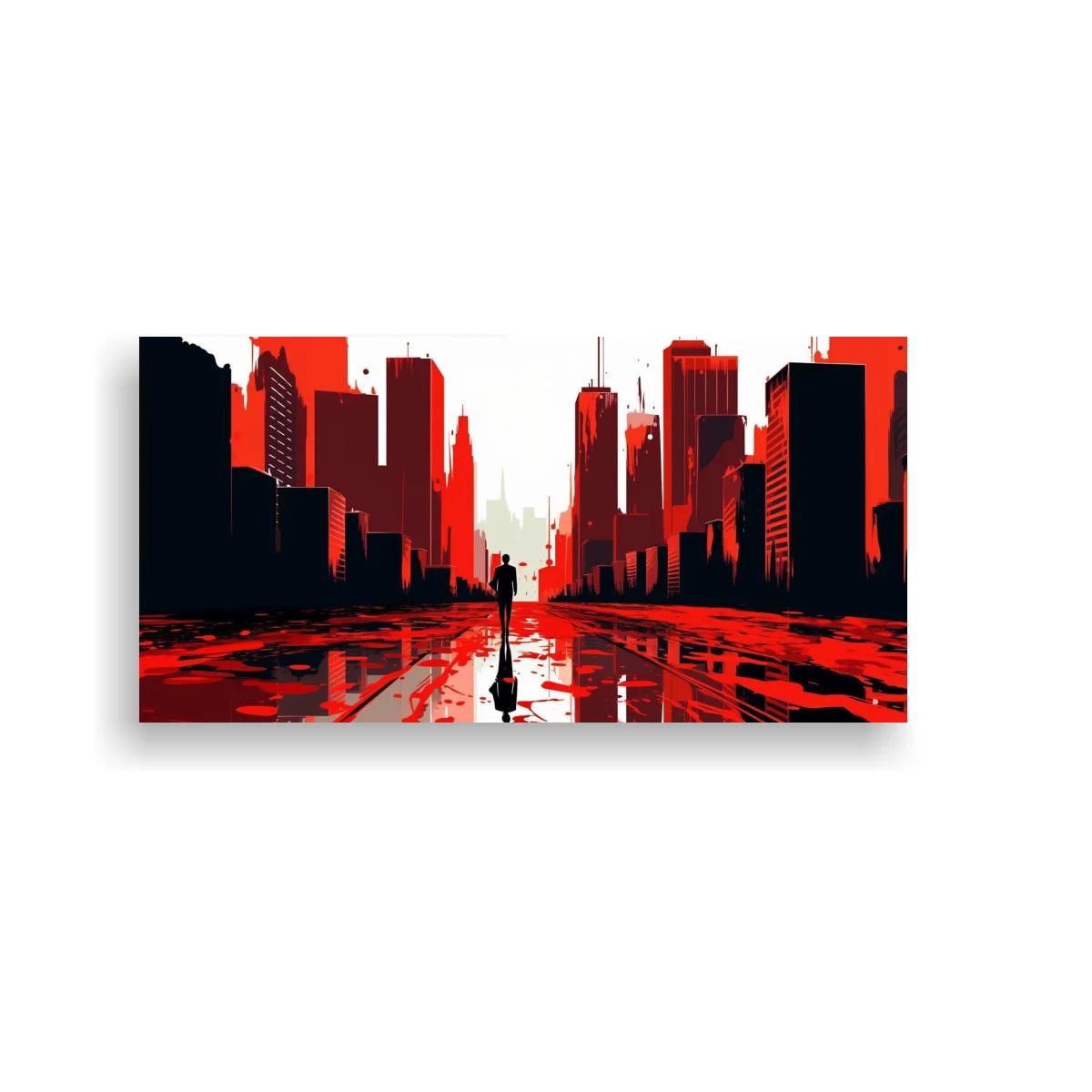 Cuadro skyline urbano con calle mojada y figura solitaria — imagen principal