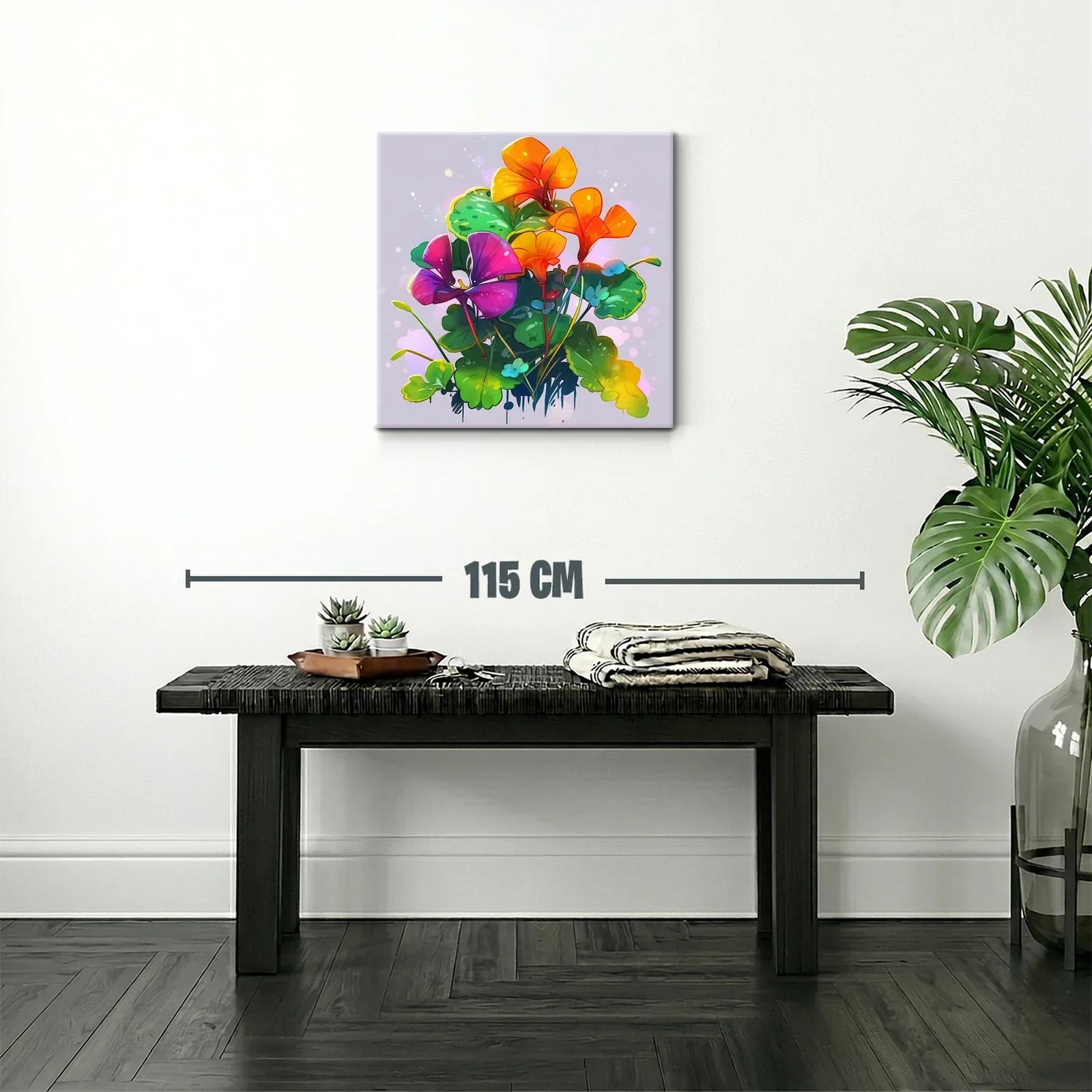 Cuadro floral vibrante con tonos naranjas y púrpuras — miniatura 2