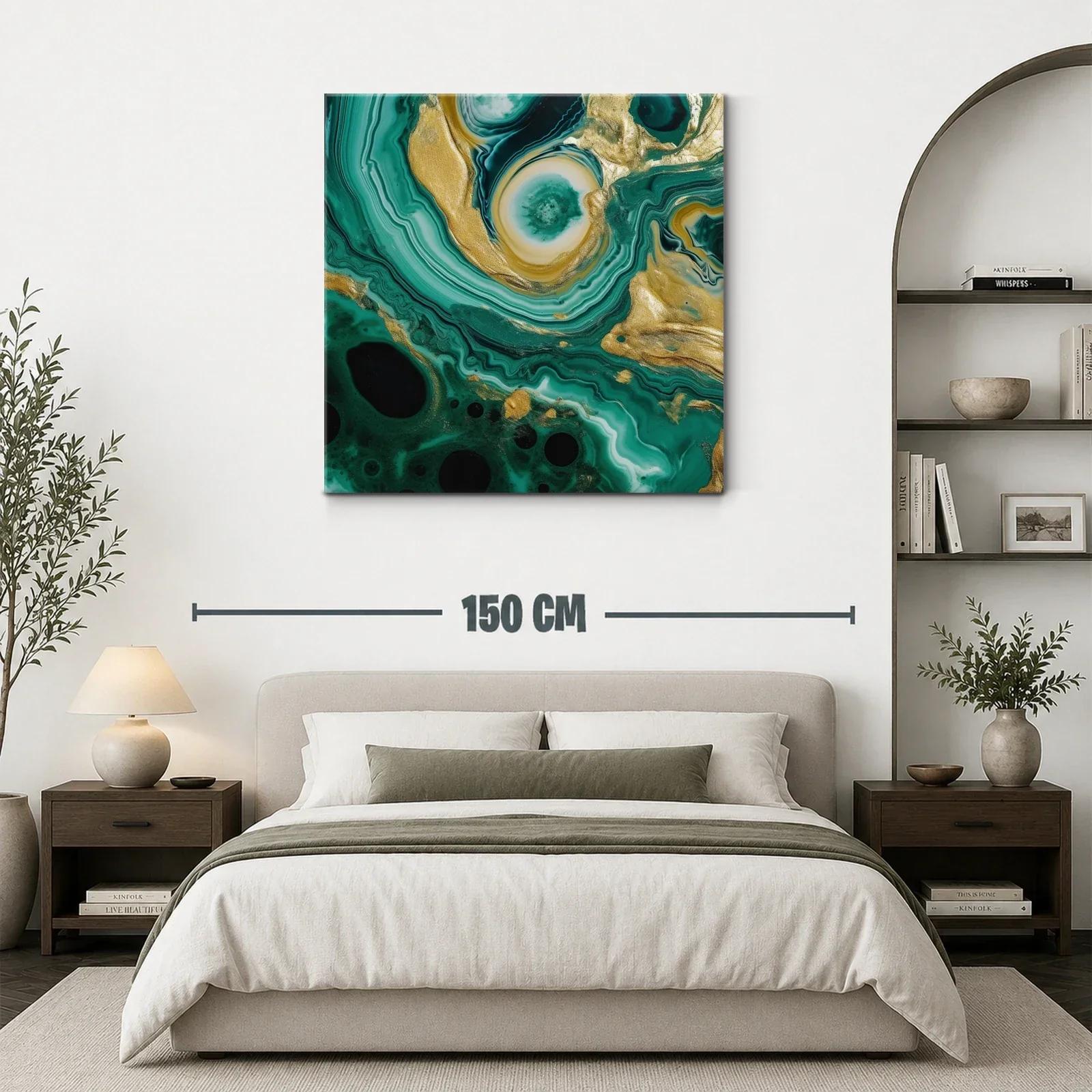 Cuadro abstracto con tonos verdes y dorados vibrantes — miniatura 3